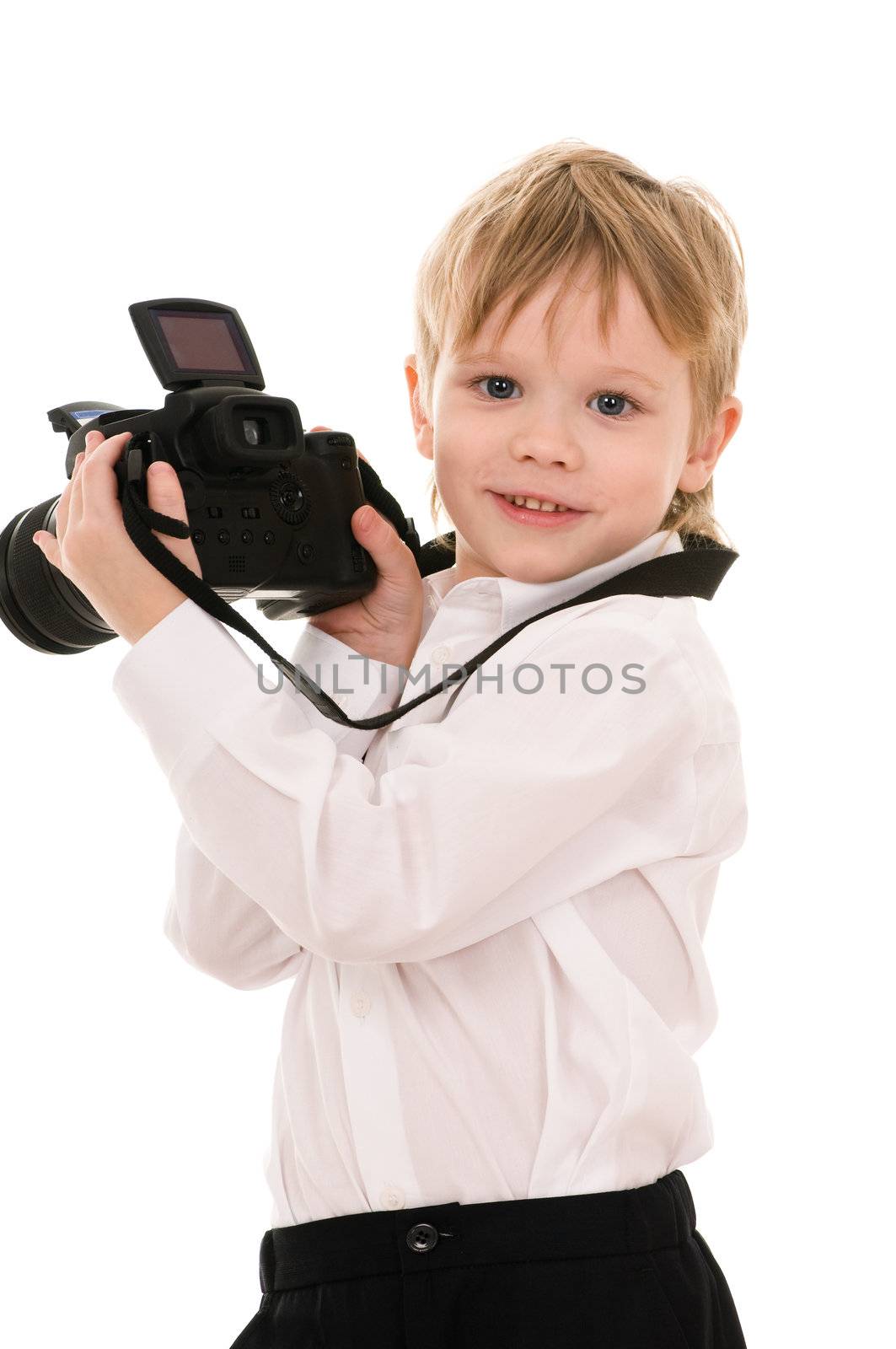 The child in a white shirt with the camera isolated on white background