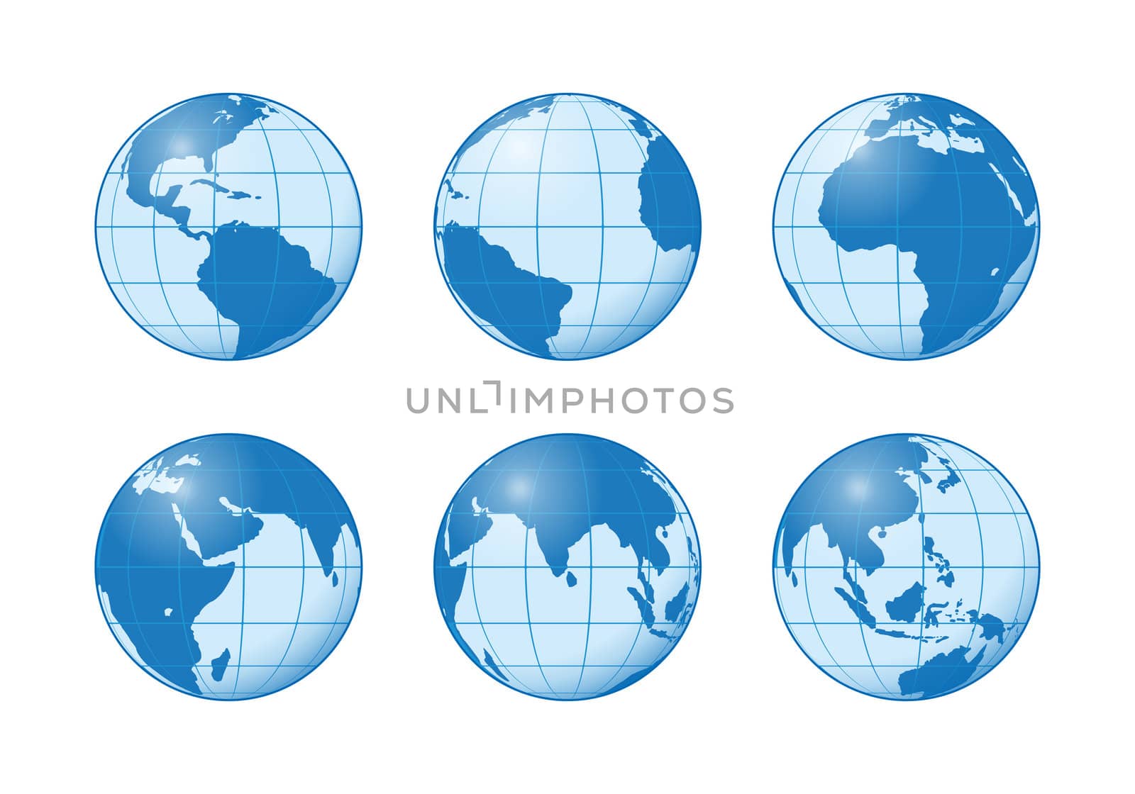 An image of six different earth globes blue