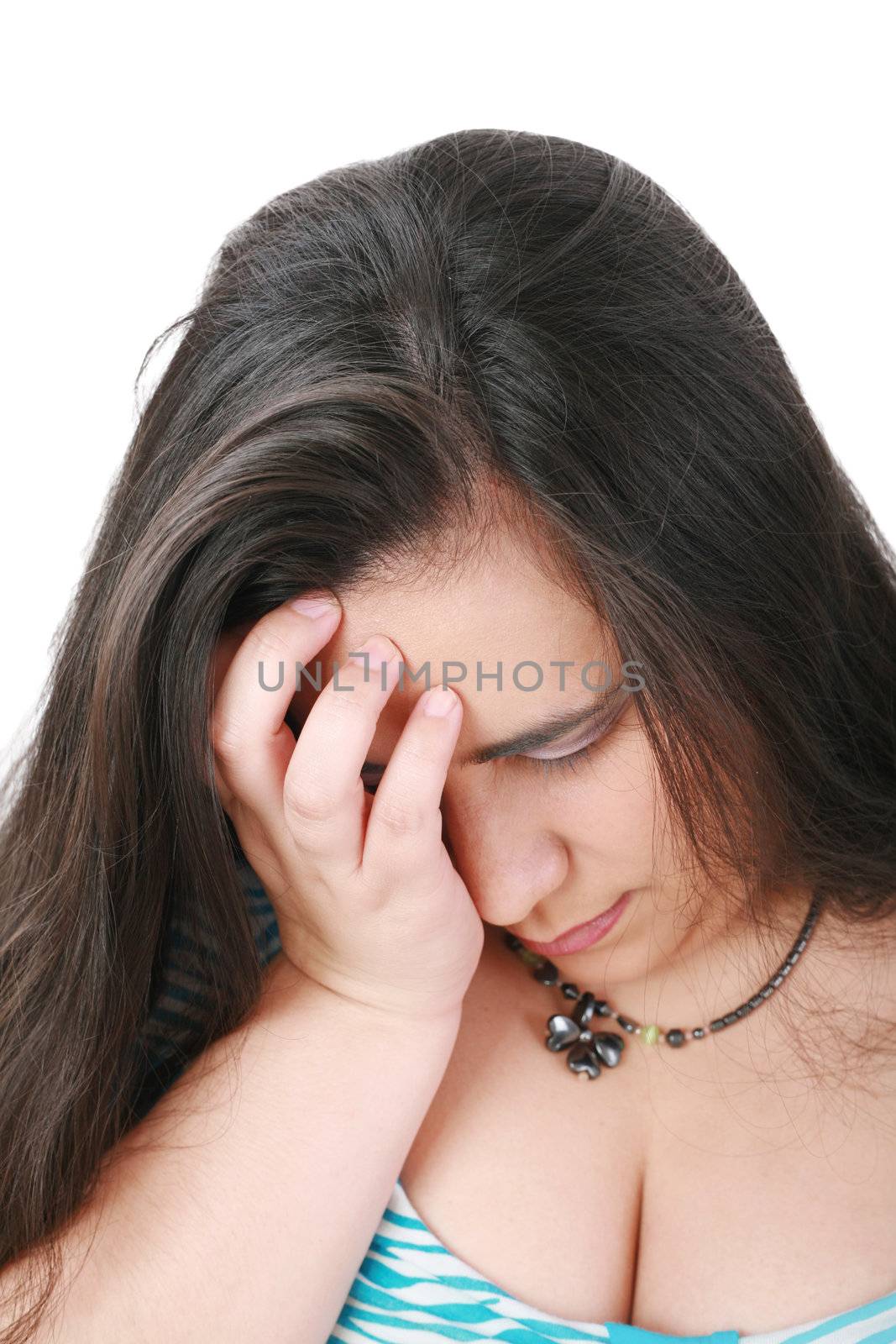 Young beautiful woman in depression, isolated on white