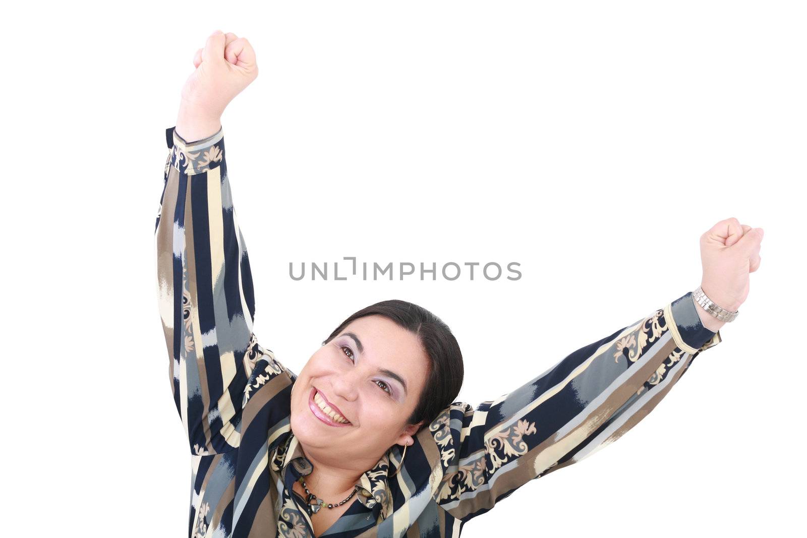 happy attractive young girl with her hands up