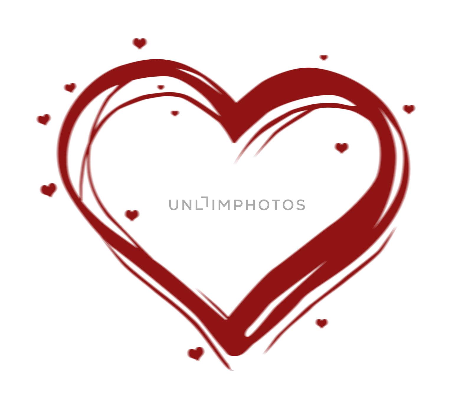 red illustrated heart with many little hearts over white background