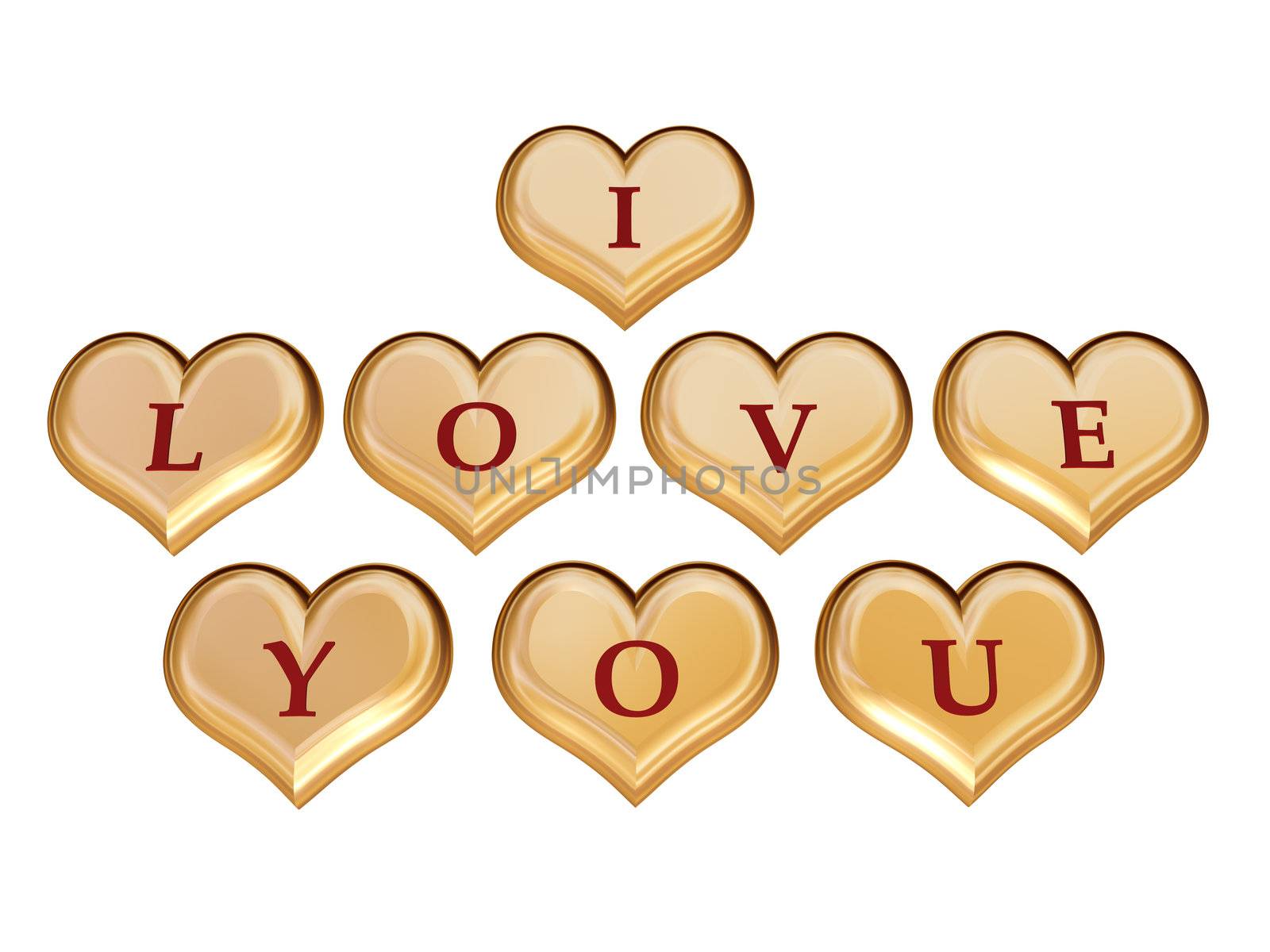 3d golden hearts with red letters with text - I love you, isolated 
