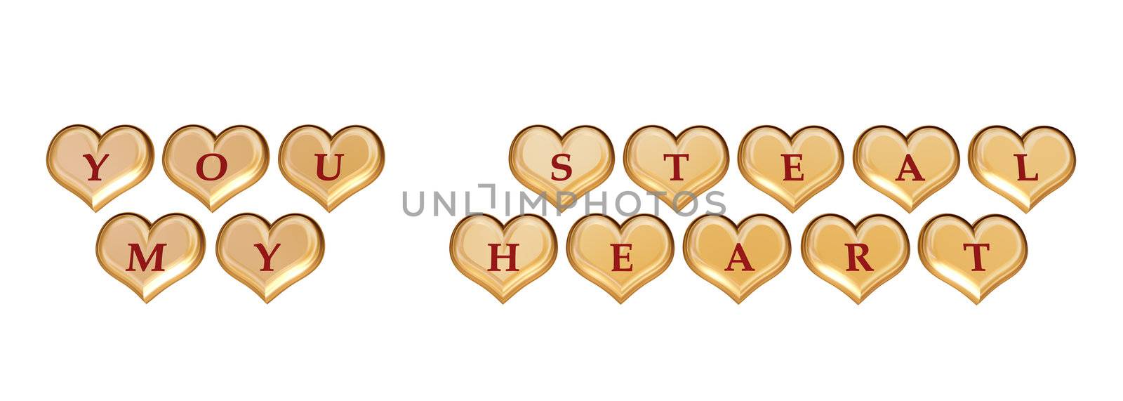 3d golden hearts with red letters with text - you steal my heart, isolated