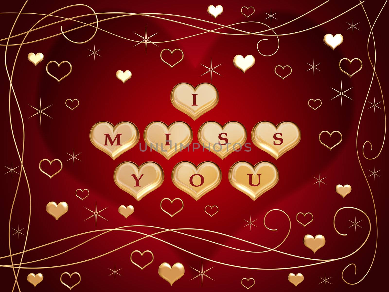 3d golden hearts, red letters, text - I miss you, flowers, stars