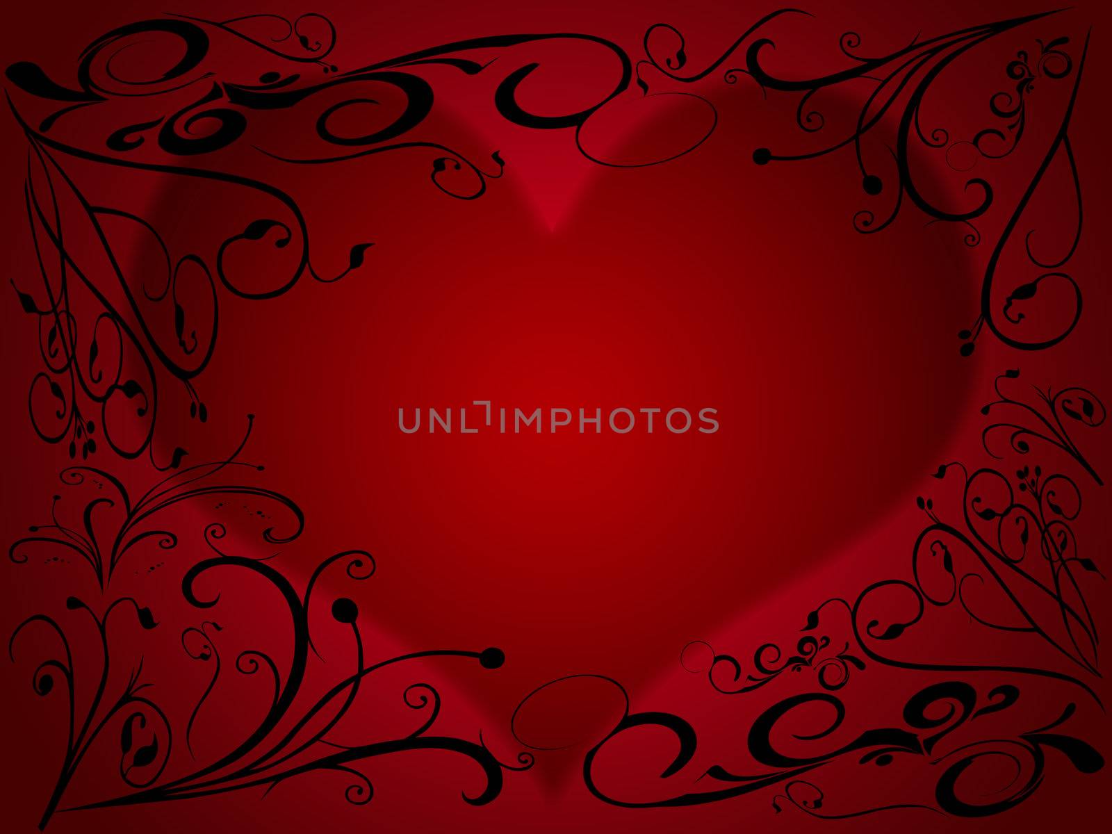 Red black illustrated valentine background with hearts and flowers