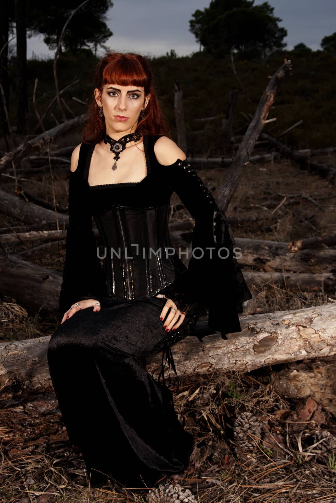 Dark gothic woman with dark clothes posing on the night forest.