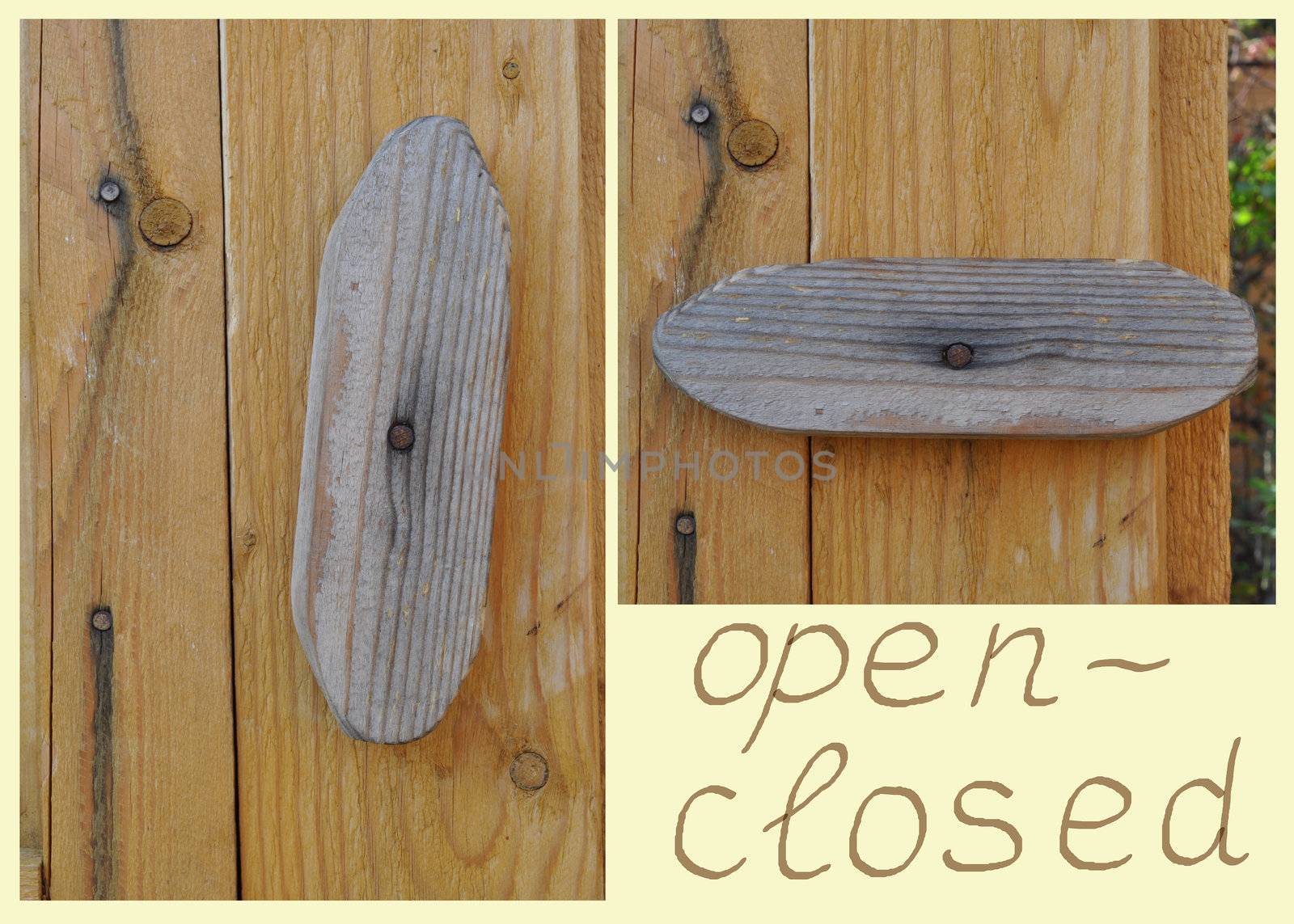 Open - closed: a wooden country door with a rotating wooden lock