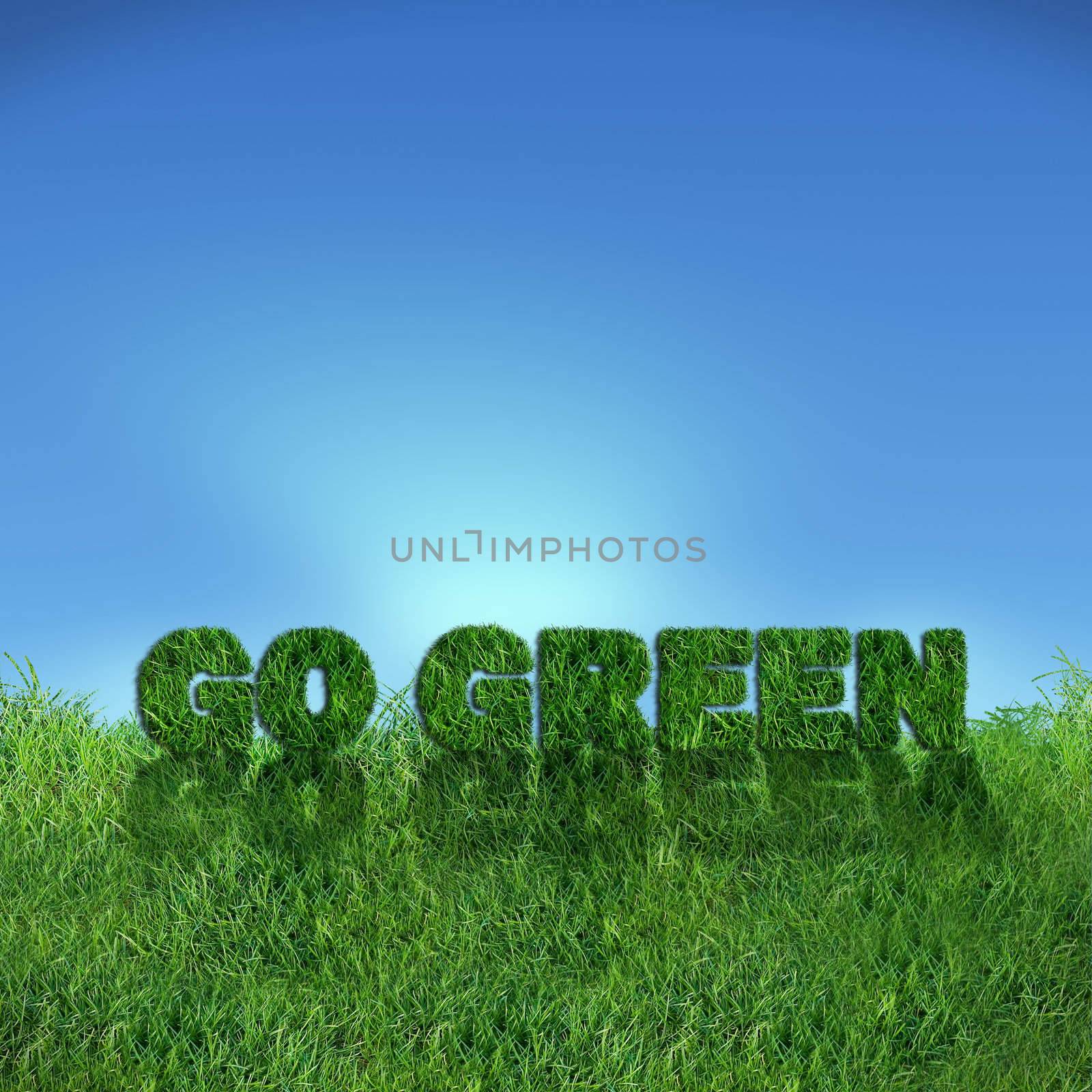 Textured go green sign over fresh grass. Clear blue sky background.
