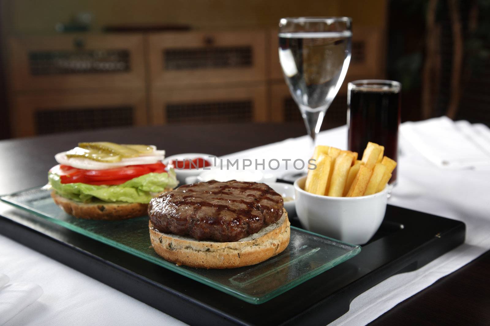 A classic burger on a luxory table
