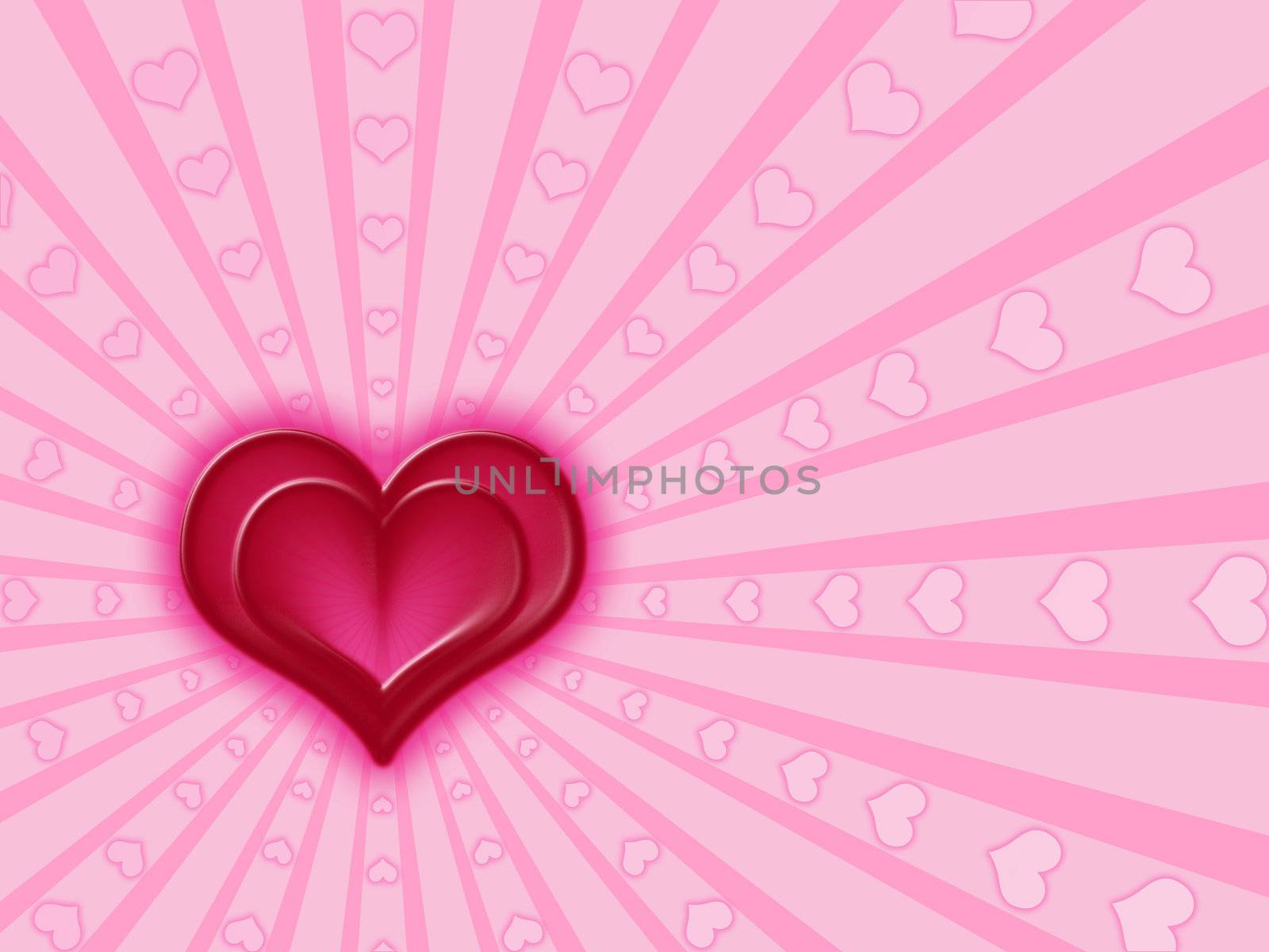 red heart and many pink hearts over pink background with rays
