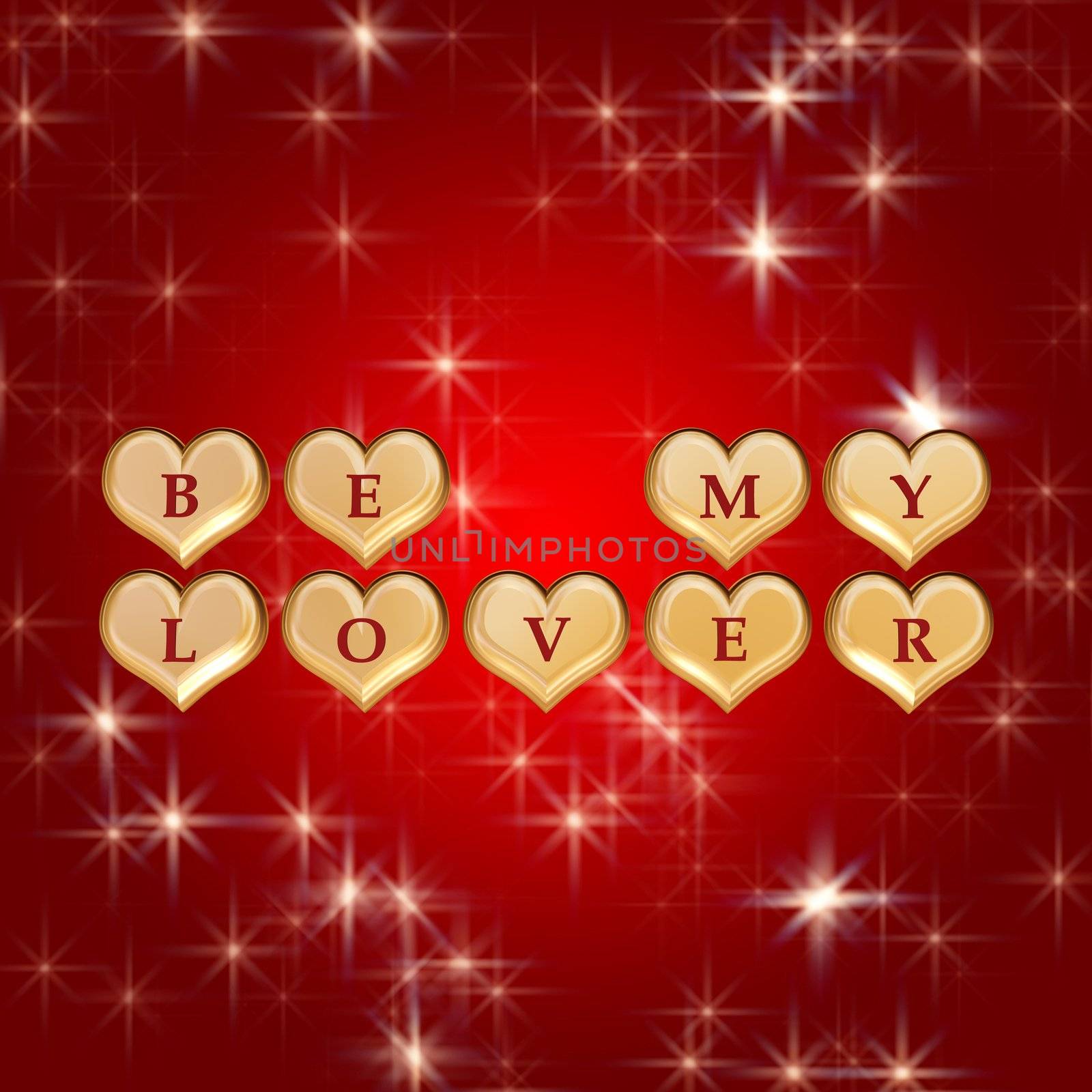 3d golden hearts, red letters, text - be my lover, background stars, lights
