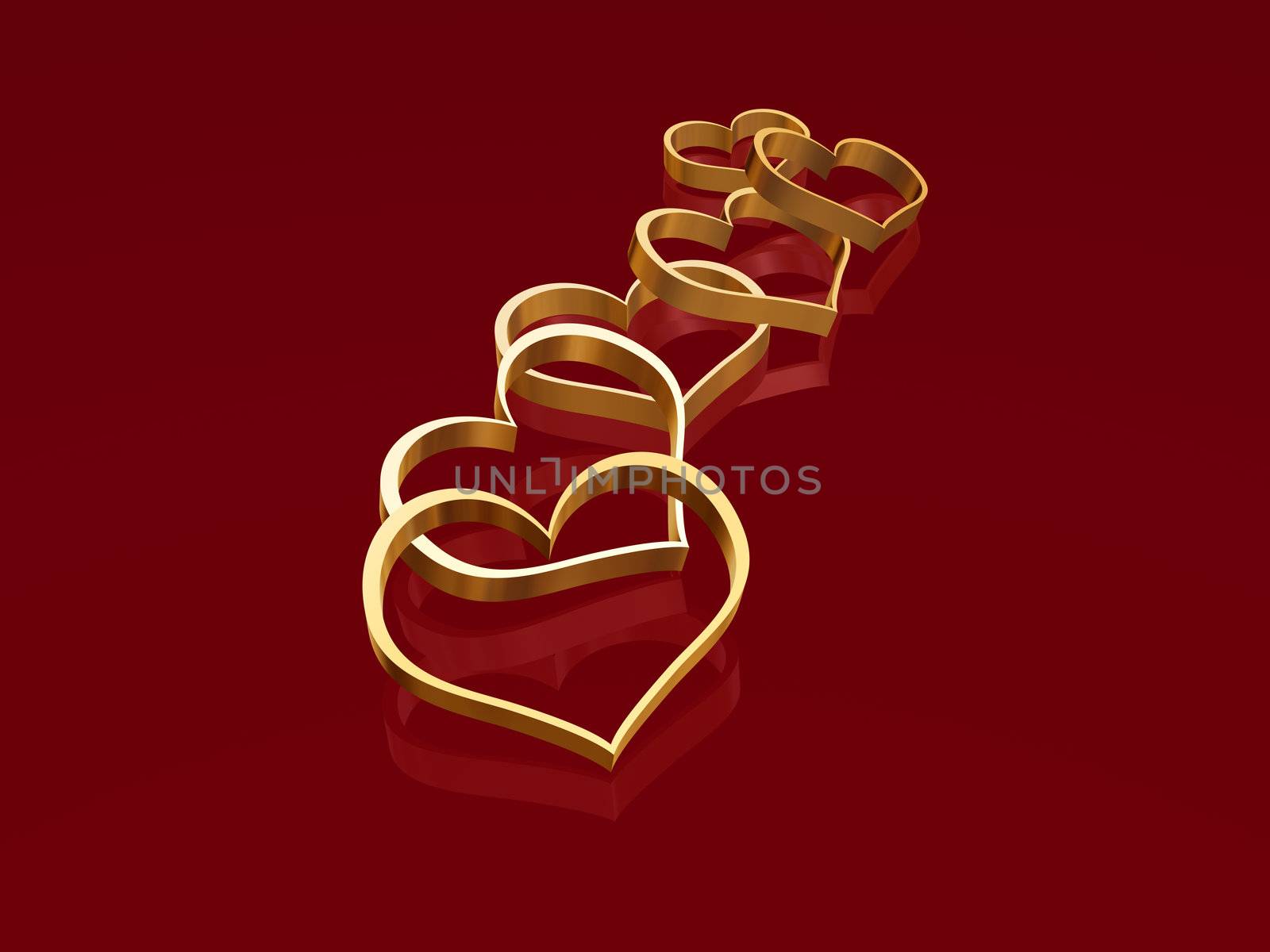 3d golden hearts over red background with reflection