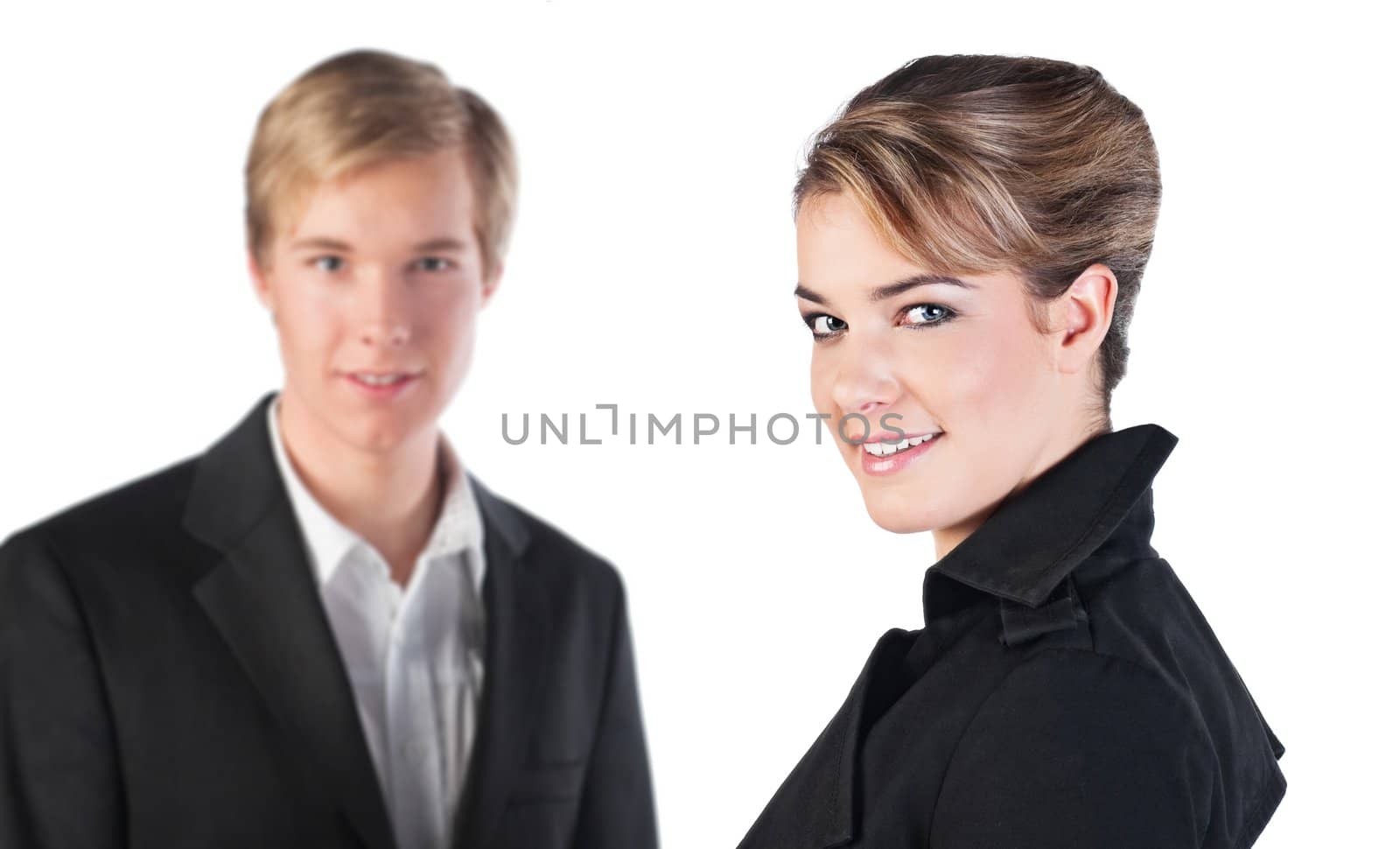 Smiling young business people isolated on white background