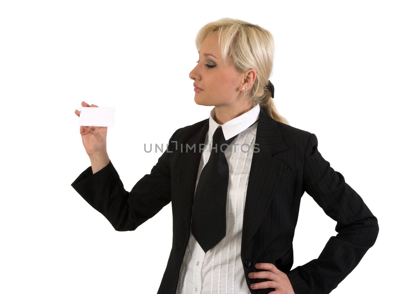 Blonde girl shows a blank card against white background.