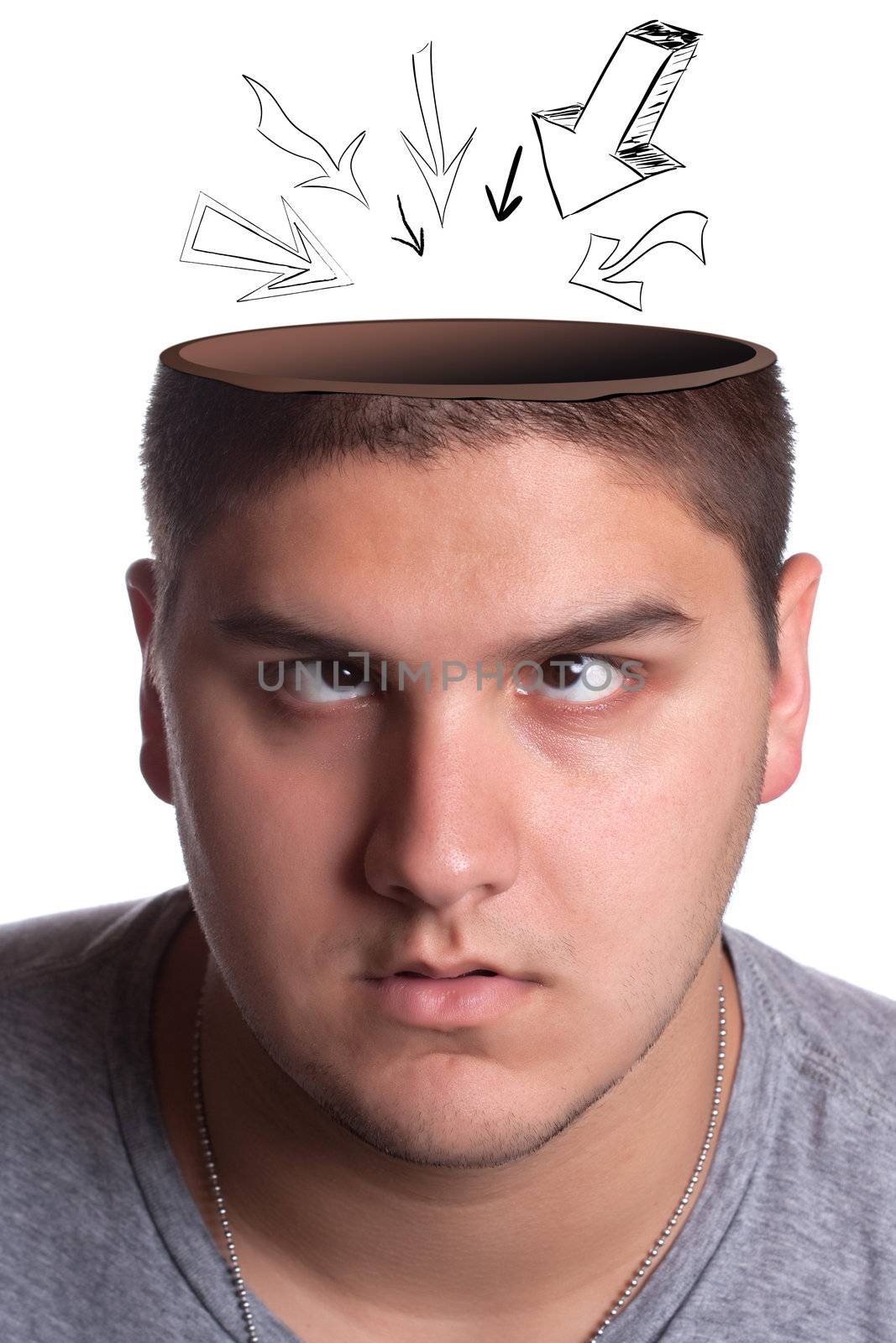 A young man looking up toward his opened head with arrows pointing in towards his brain.