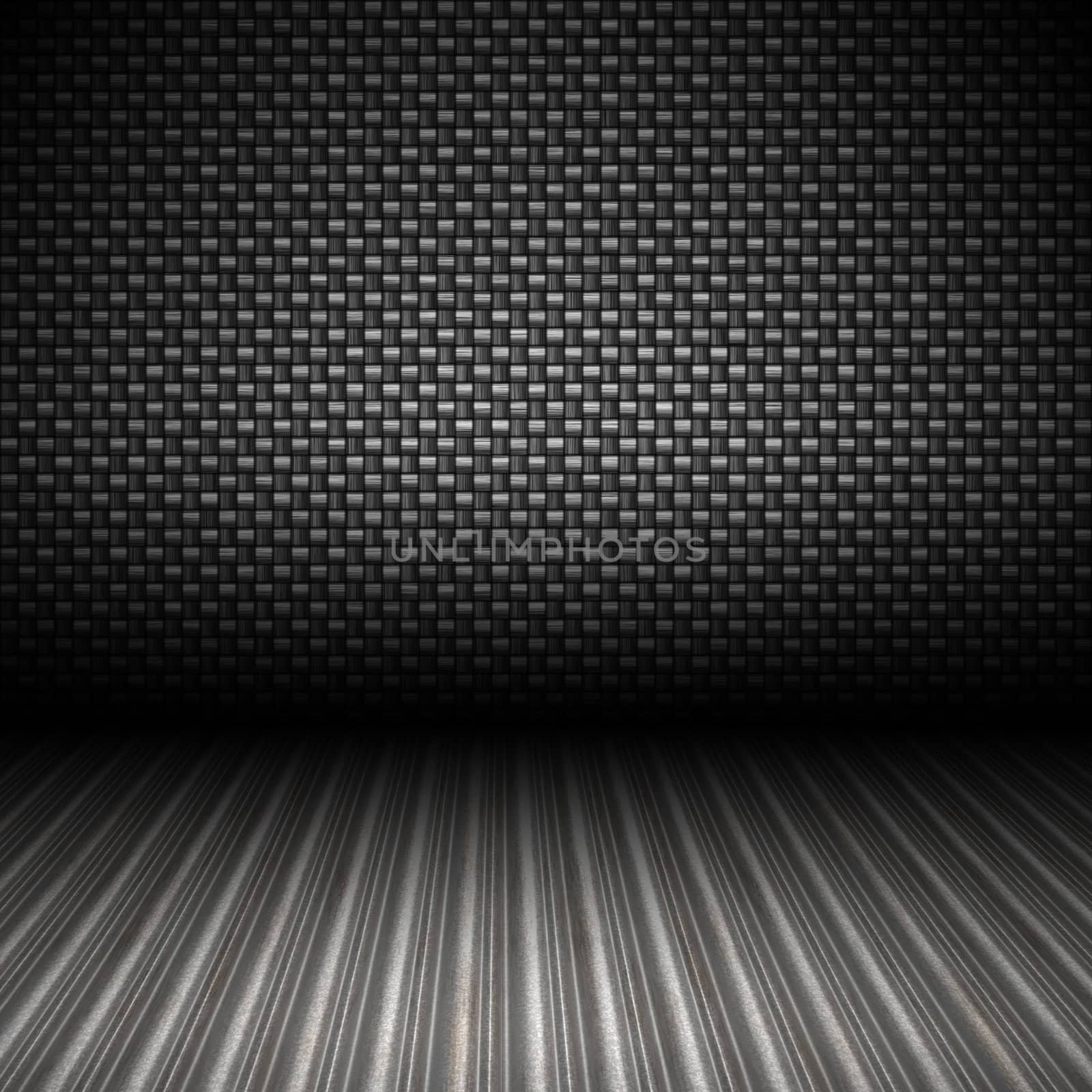 A realistic carbon fiber textured backdrop with 3D perspective and a corrugated metal floor.