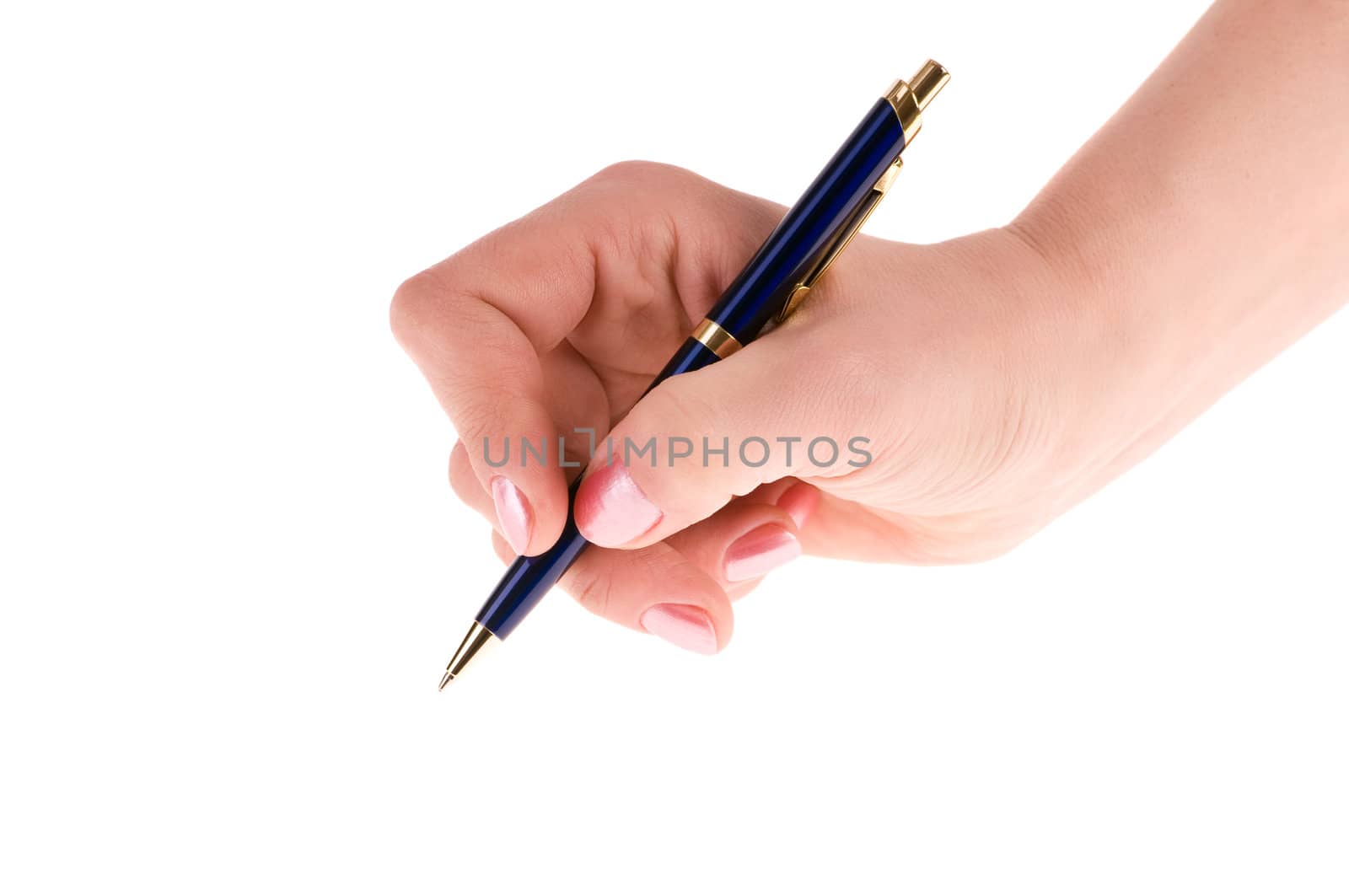 female hand with pen isolated on white background