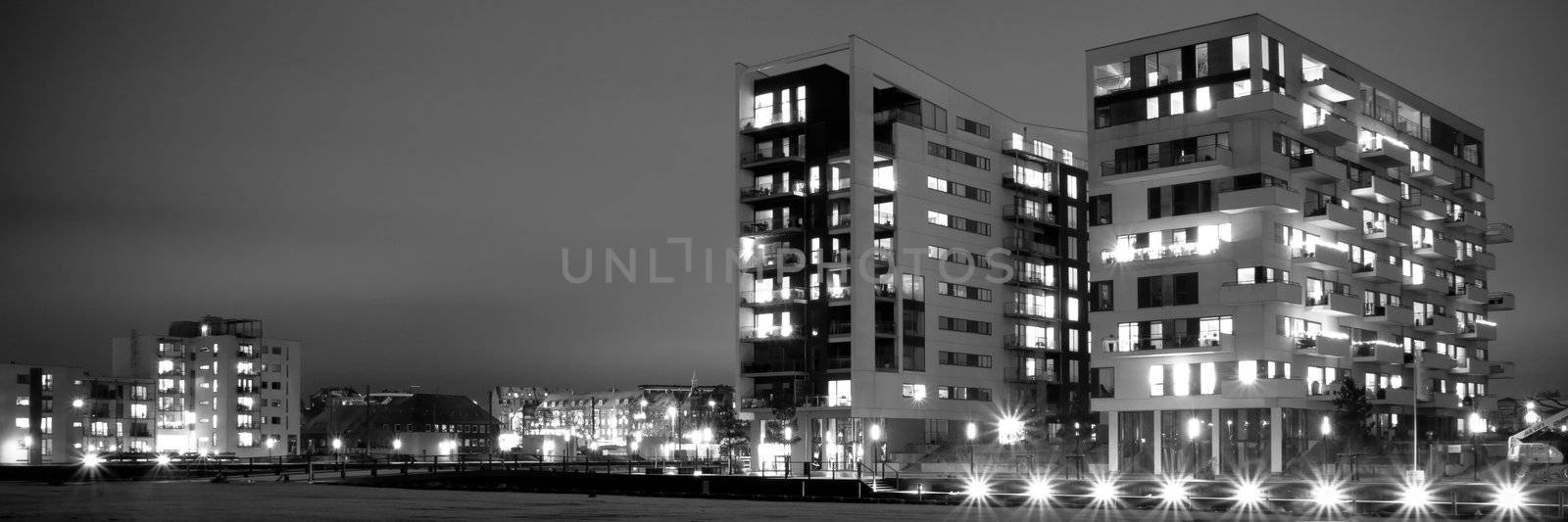 Modern residential buildings at harbour. Black and white.