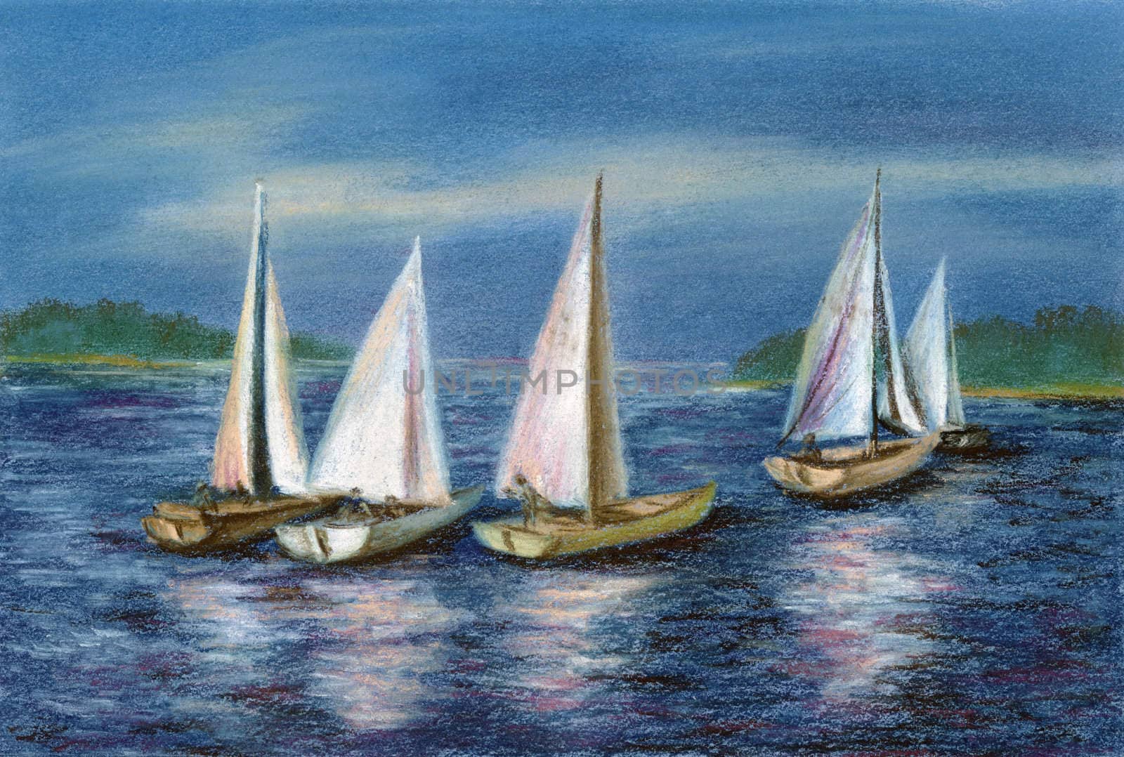 Picture, pastel, yachts on the sea by alexcoolok