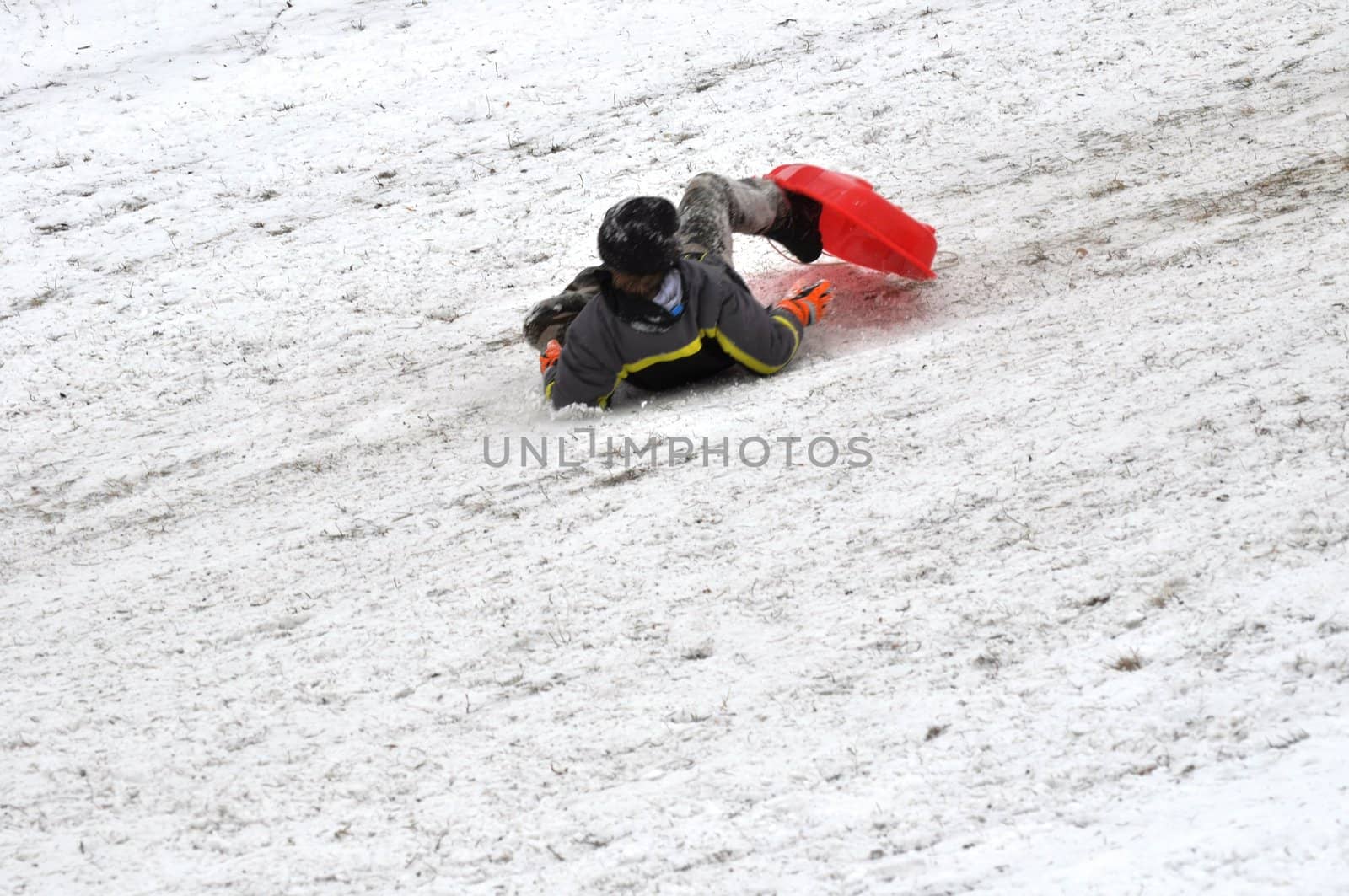 sledding - falling off sled by RefocusPhoto