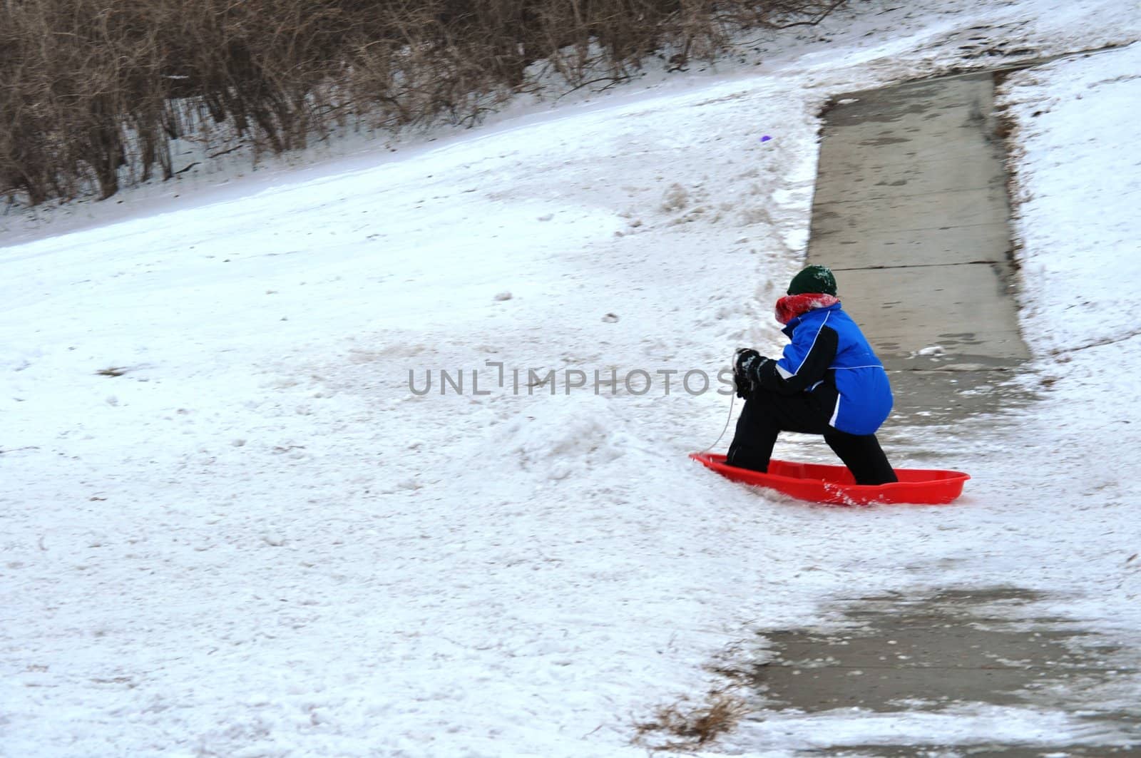 sledding near the sidewalk by RefocusPhoto