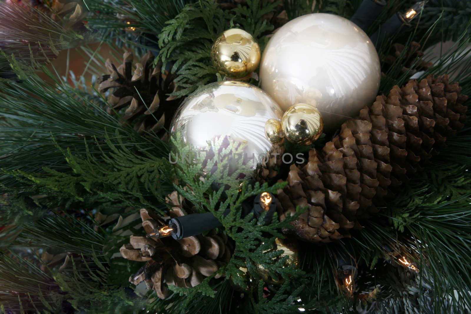 Christmas-motive industry christmas ornament with pine cones, close-up
