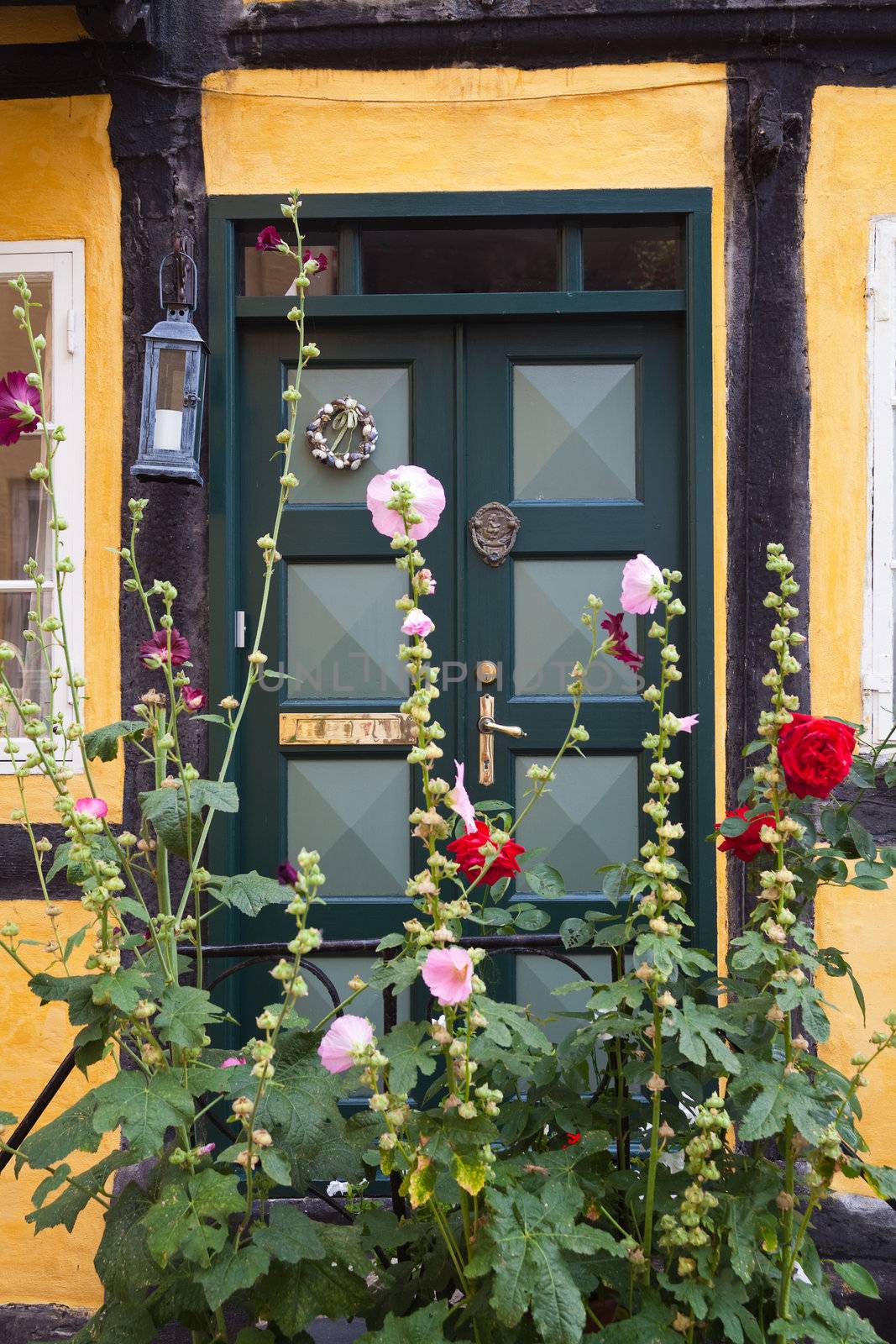 Entrance door to an old medieval half-timbered house