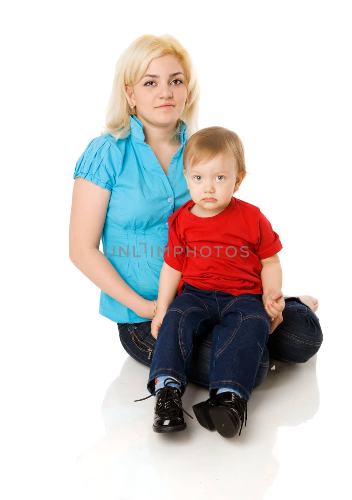 Happy cheerful Mother and son isolated on white