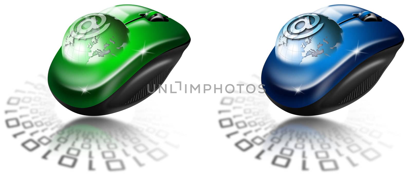 Two illustrations with globe coming out of the mouse and sign e-mail