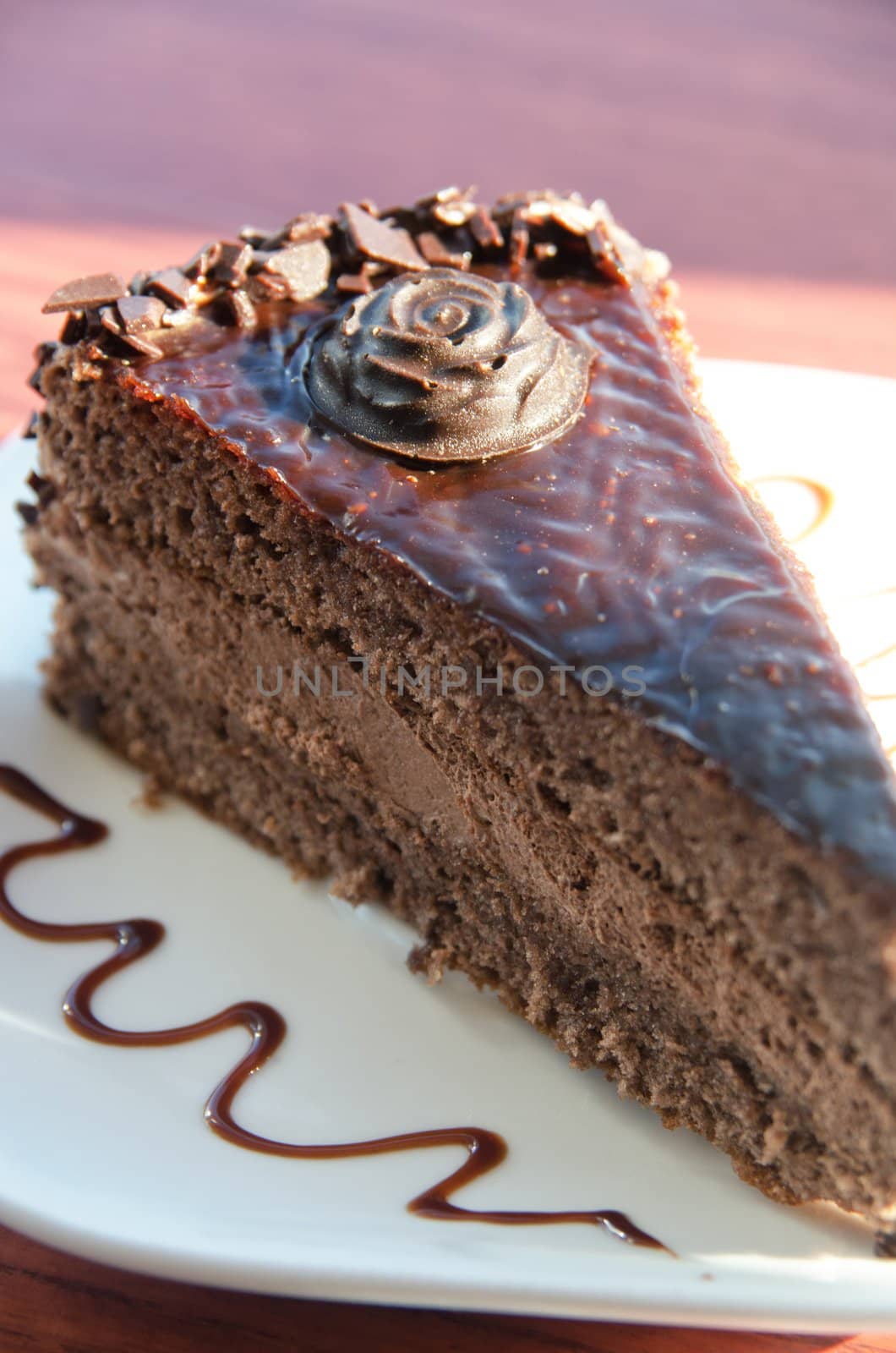 piece of chocolate cake at white plate
