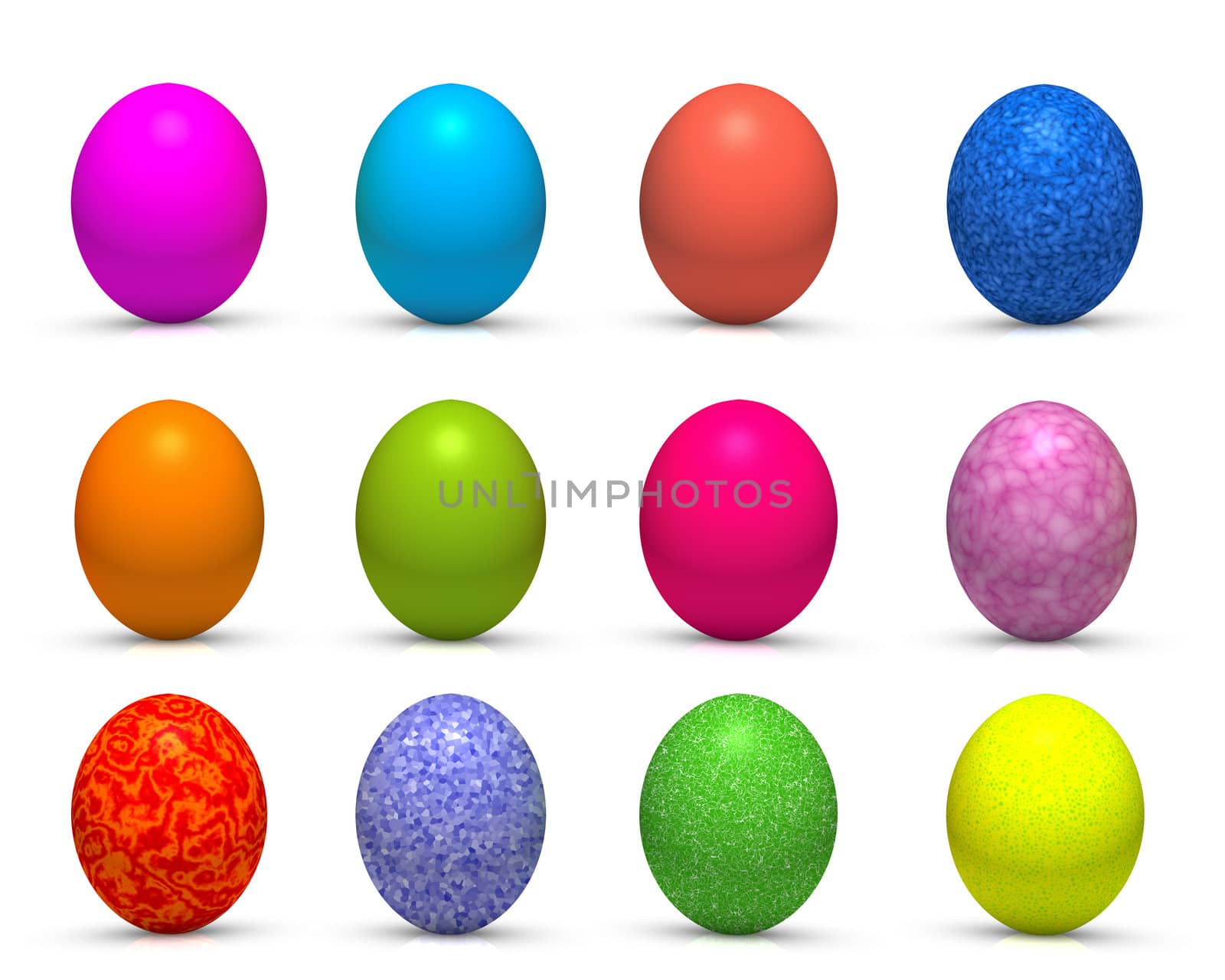 Twelve isolated coloured easter eggs