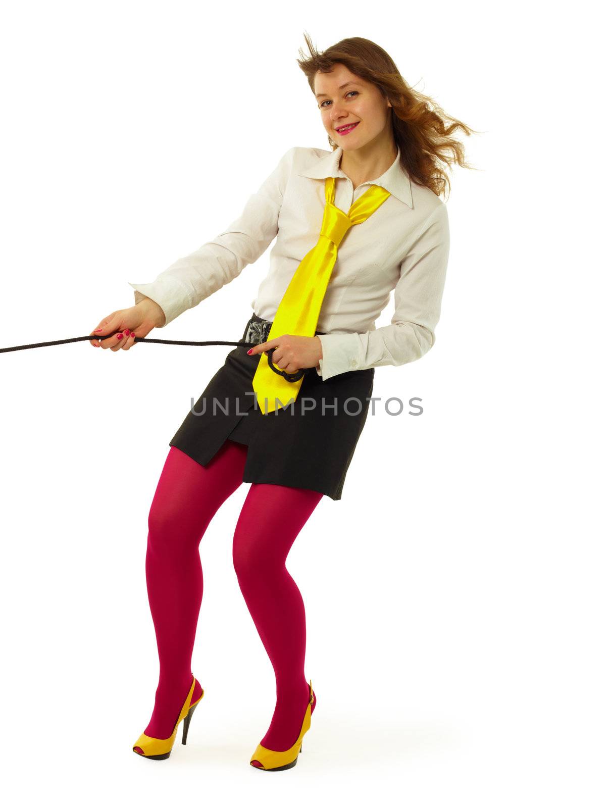 happy girl in a bright colored clothing on a white background
