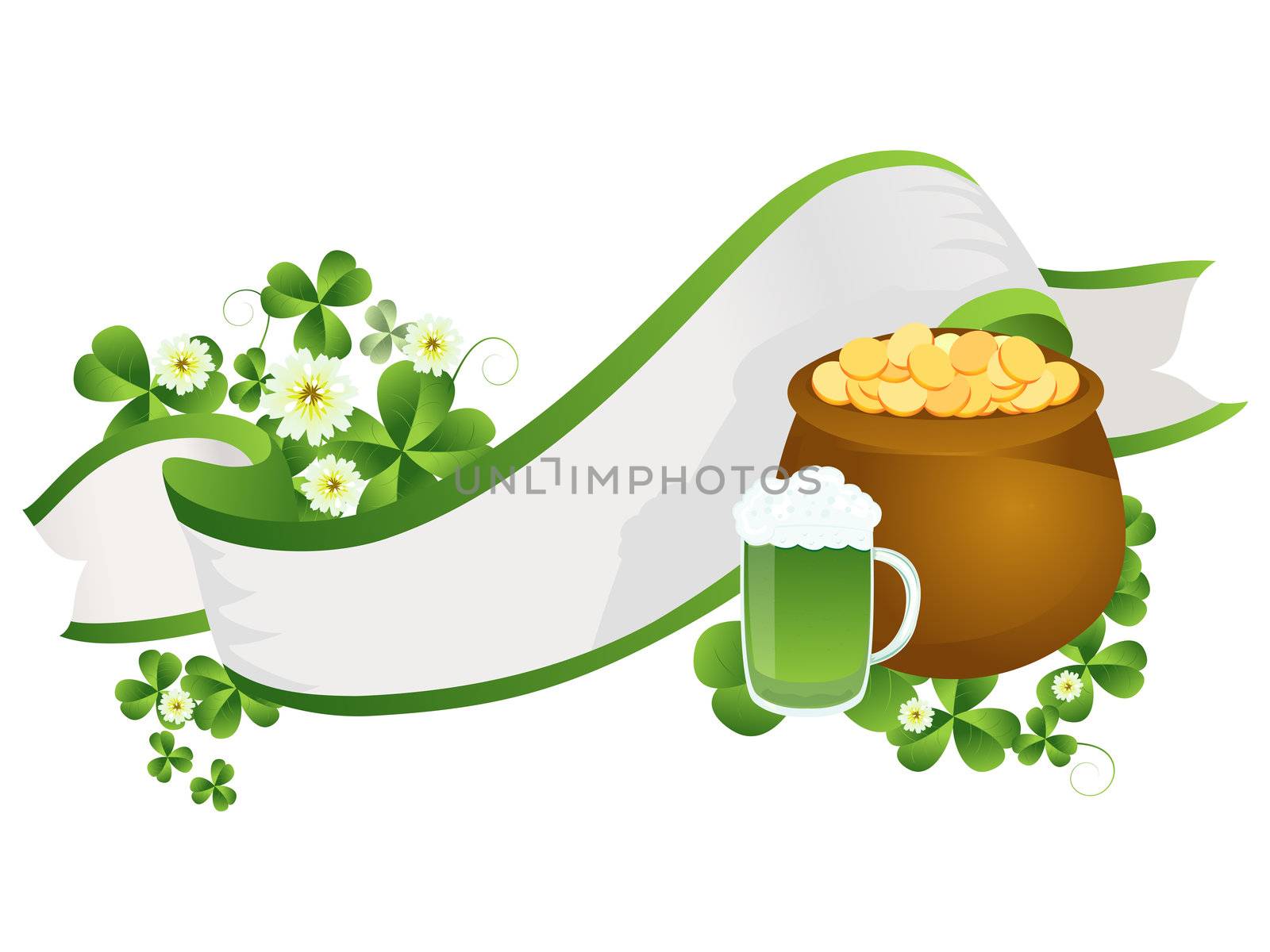 Decorative ribbon with beer pint, pot of gold and clover leaves