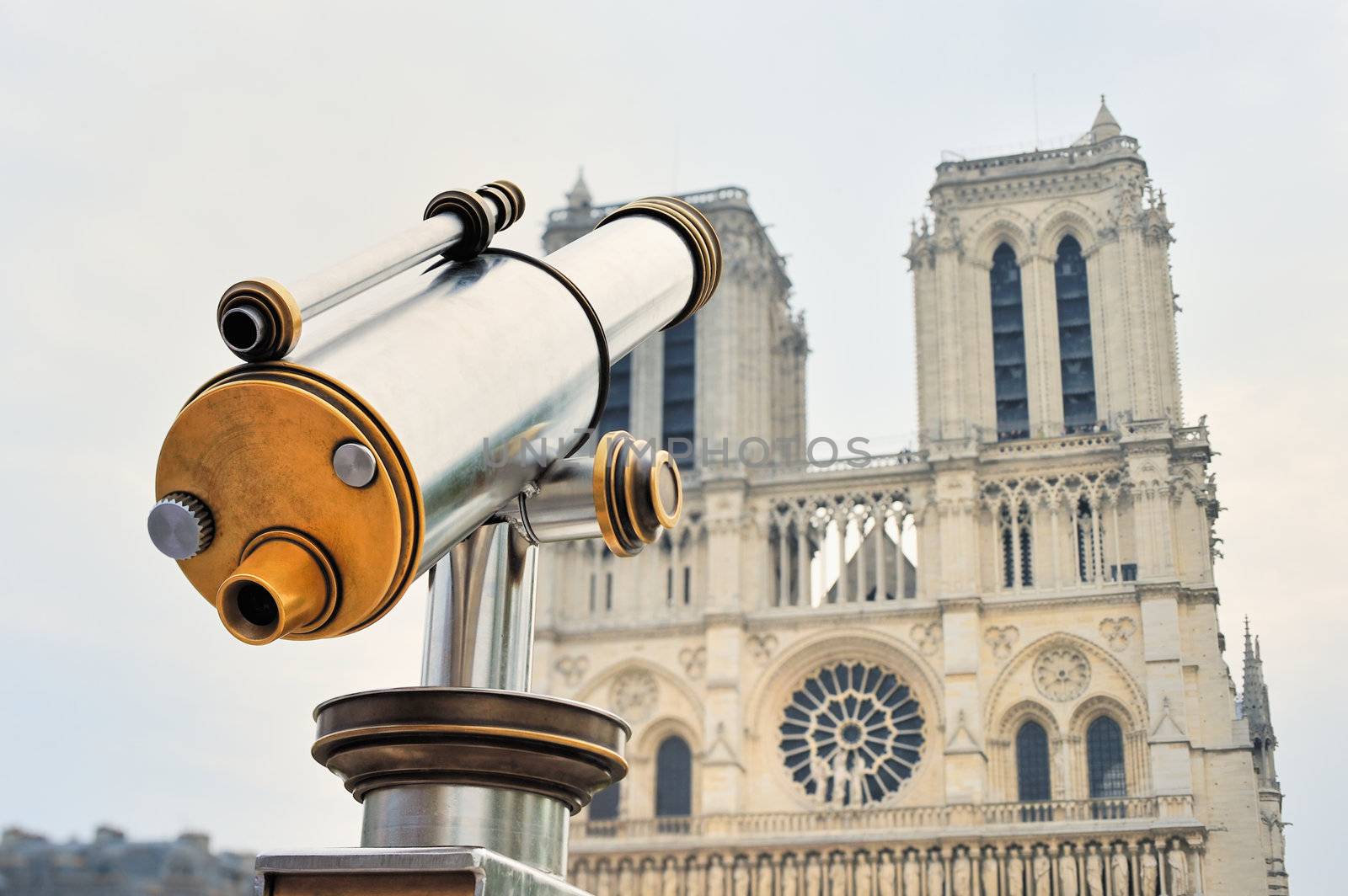Telescope of stainless steel near Notre-Dame Cathedral in Paris