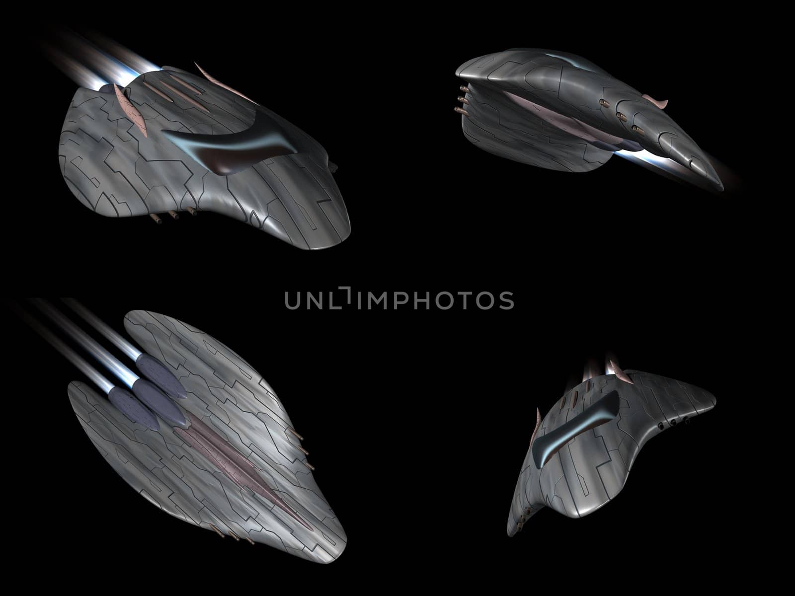 Four views of a powerful spaceship very streamlined in action