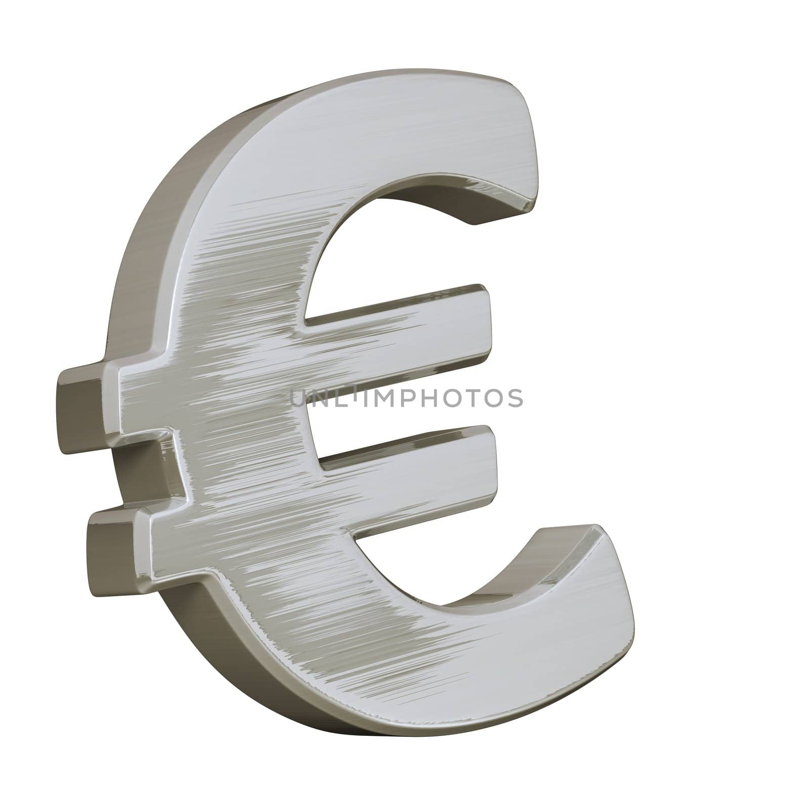 Big Euro symbol with a brushed metallic effect and shiny aspect on a white background