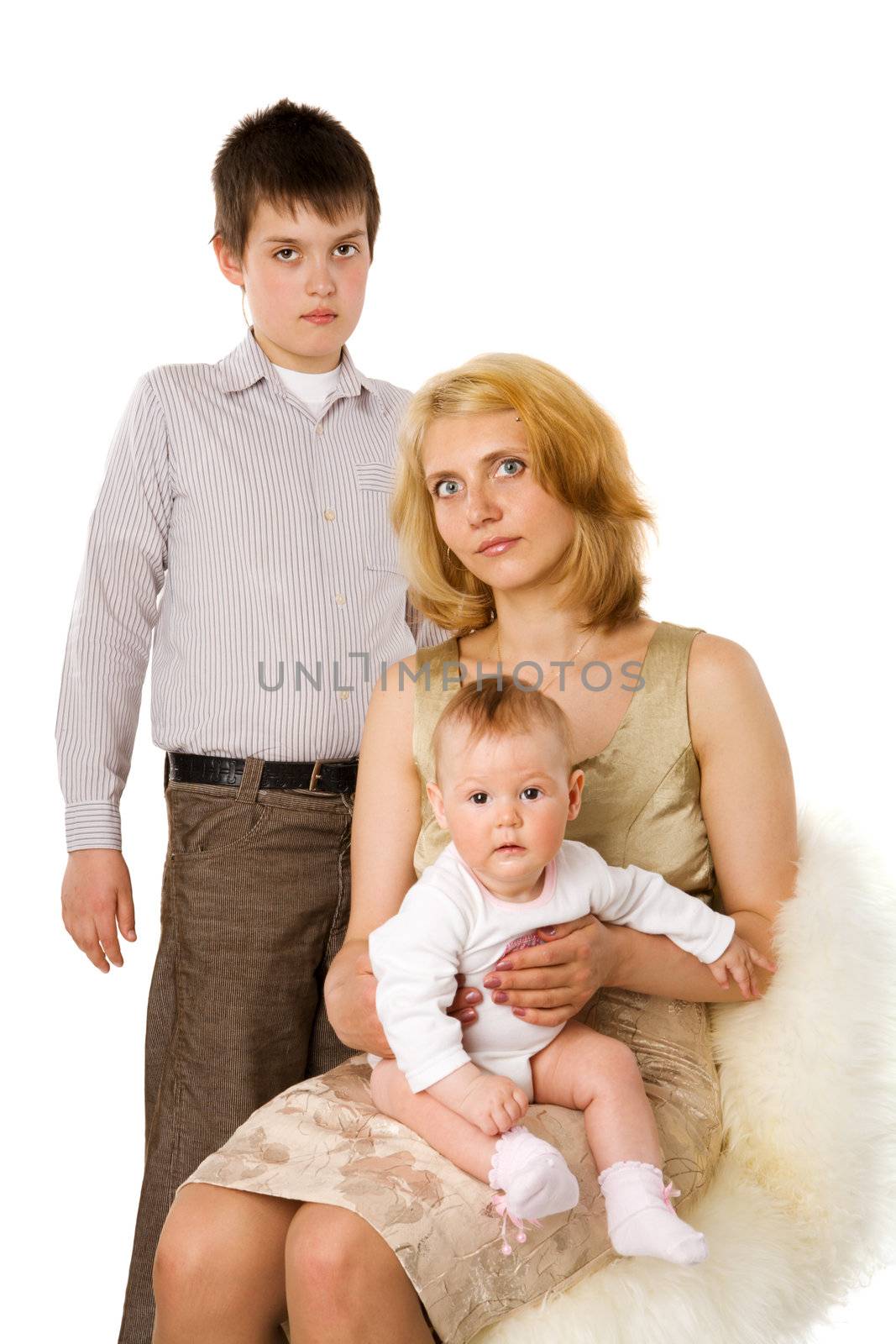 Family portrait of mother and two kids isolated on white