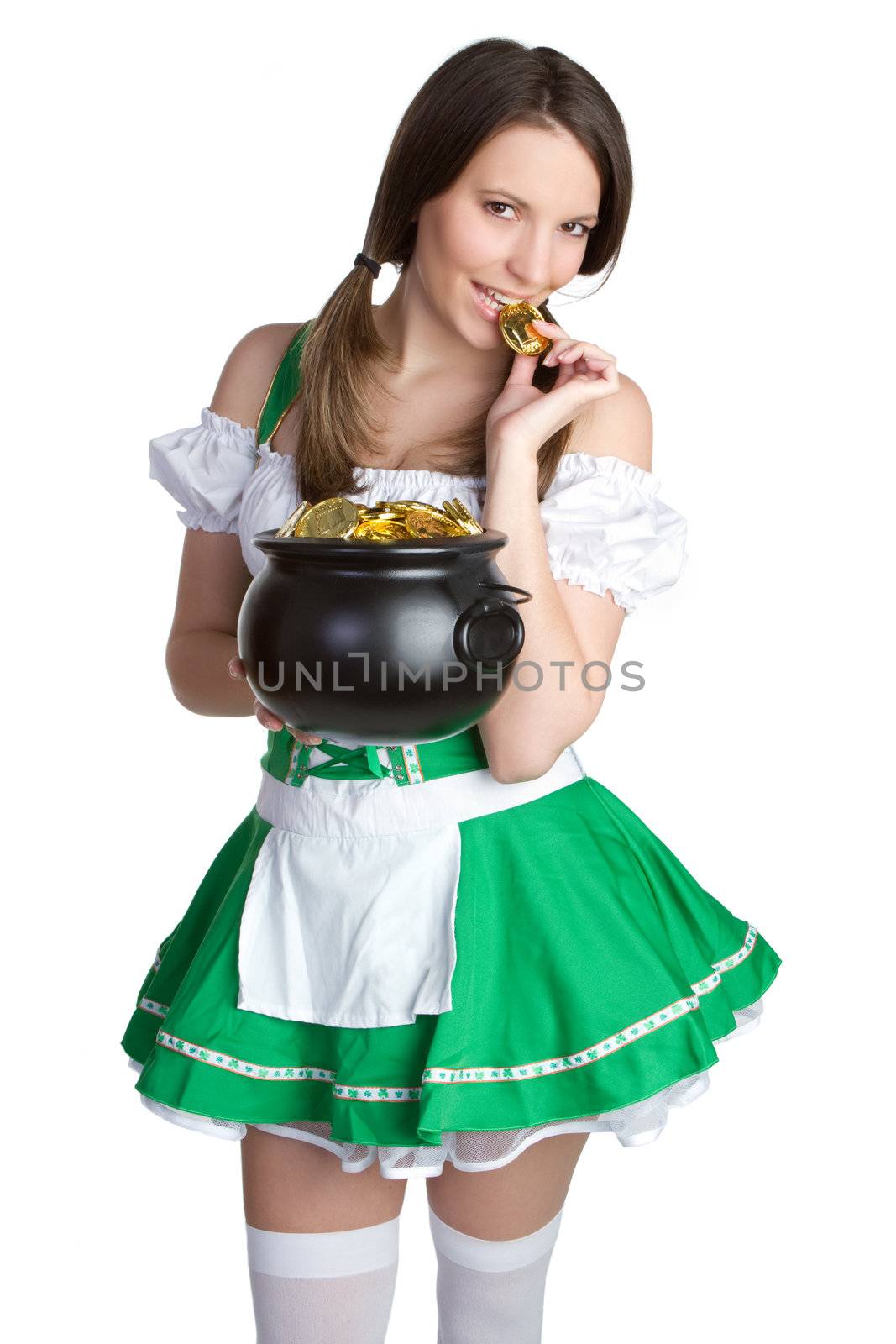 Sexy woman holding pot of gold