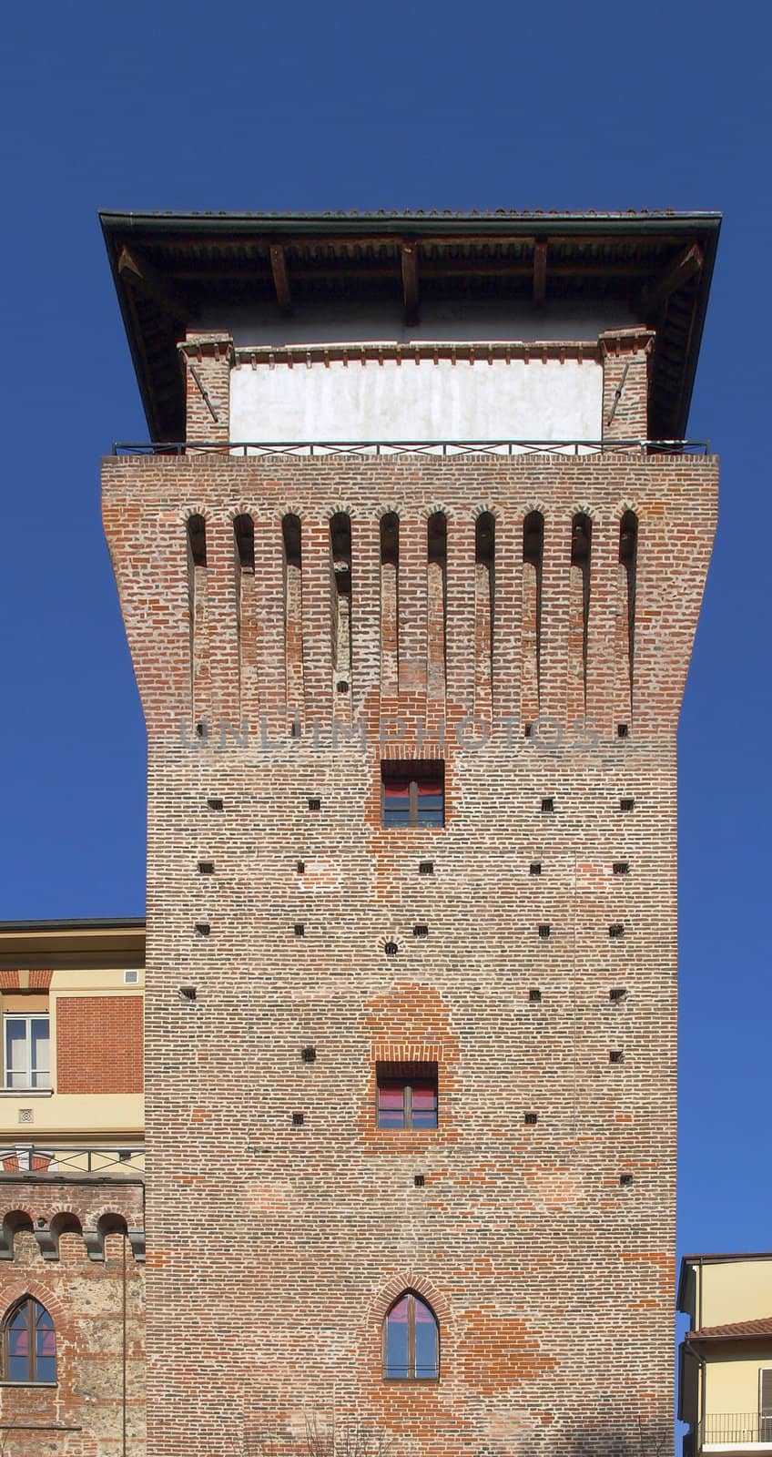 Tower of Settimo Torinese ( Torre Medievale ) medieval castle near Turin - rectilinear frontal view