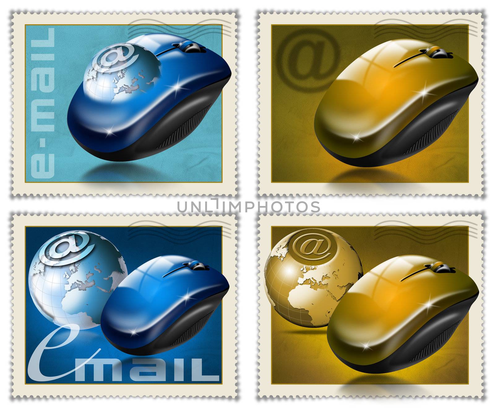 Four stamps with the mouse, globe and symbol e-mail