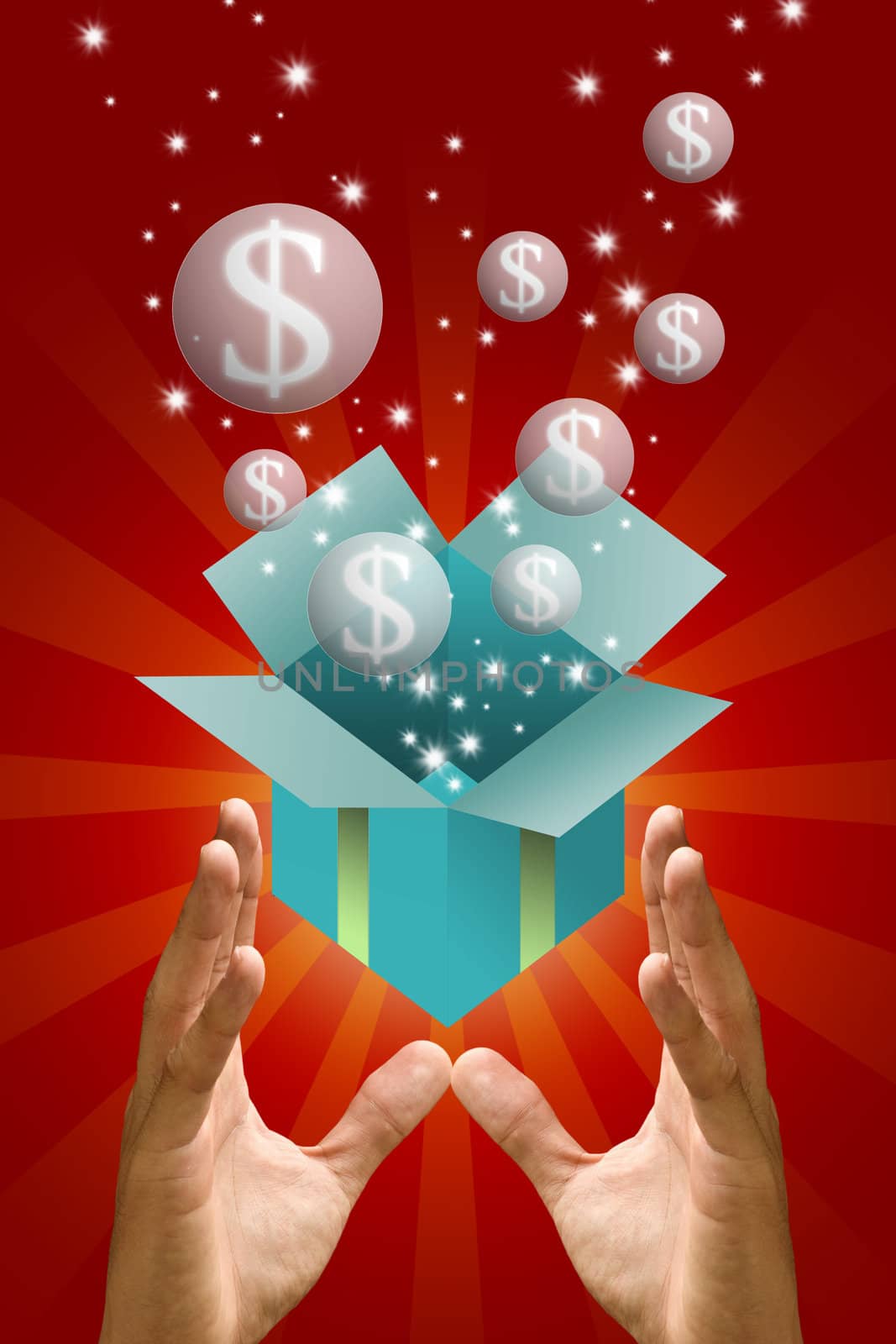 Money bubble flying out from green gift box in the hand, Bonus concept