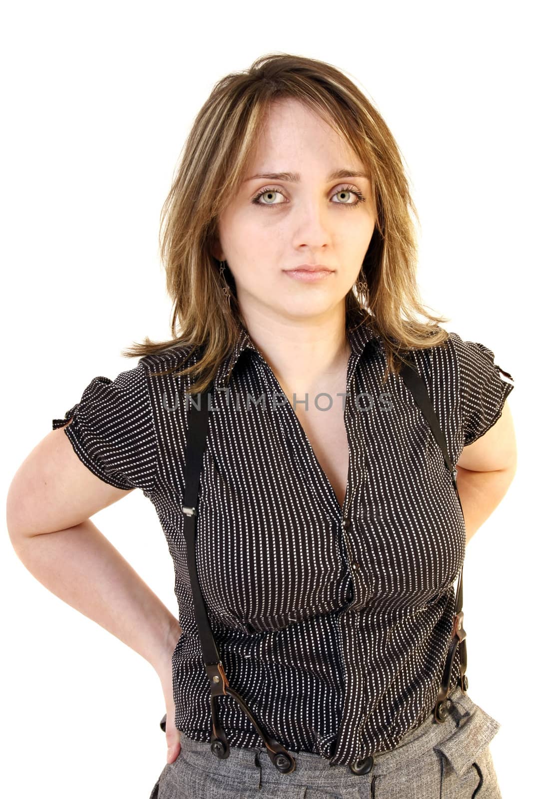 blonde on studio, white background