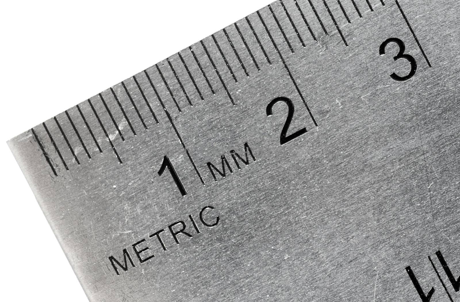 Macro shot of an industrial stainless steel ruler, metric side.