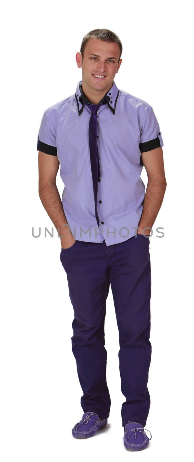 Image of a young smiling man, wearing violet clothes isolated against a white background.