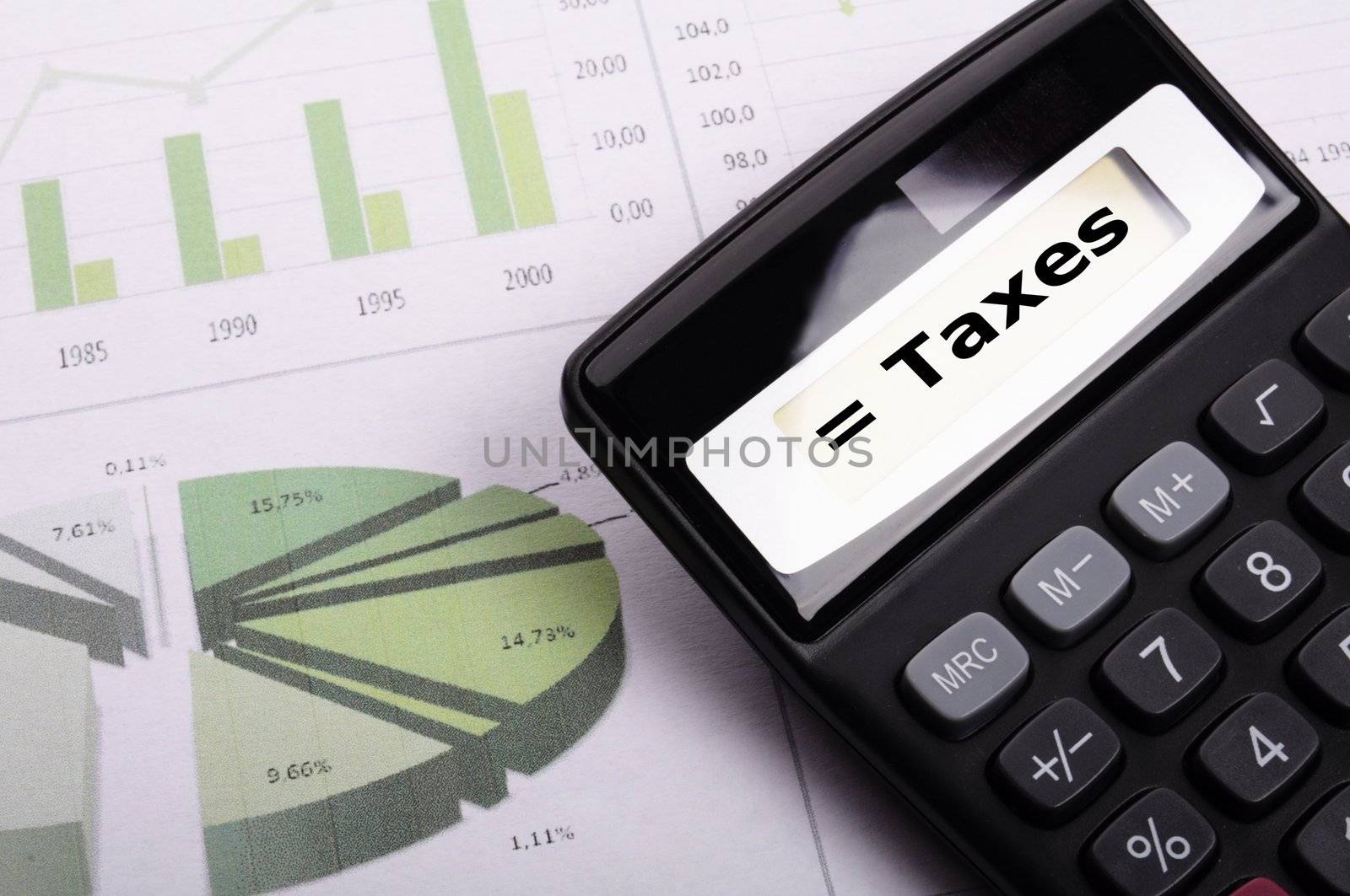 tax or taxes concept with business calculator and word