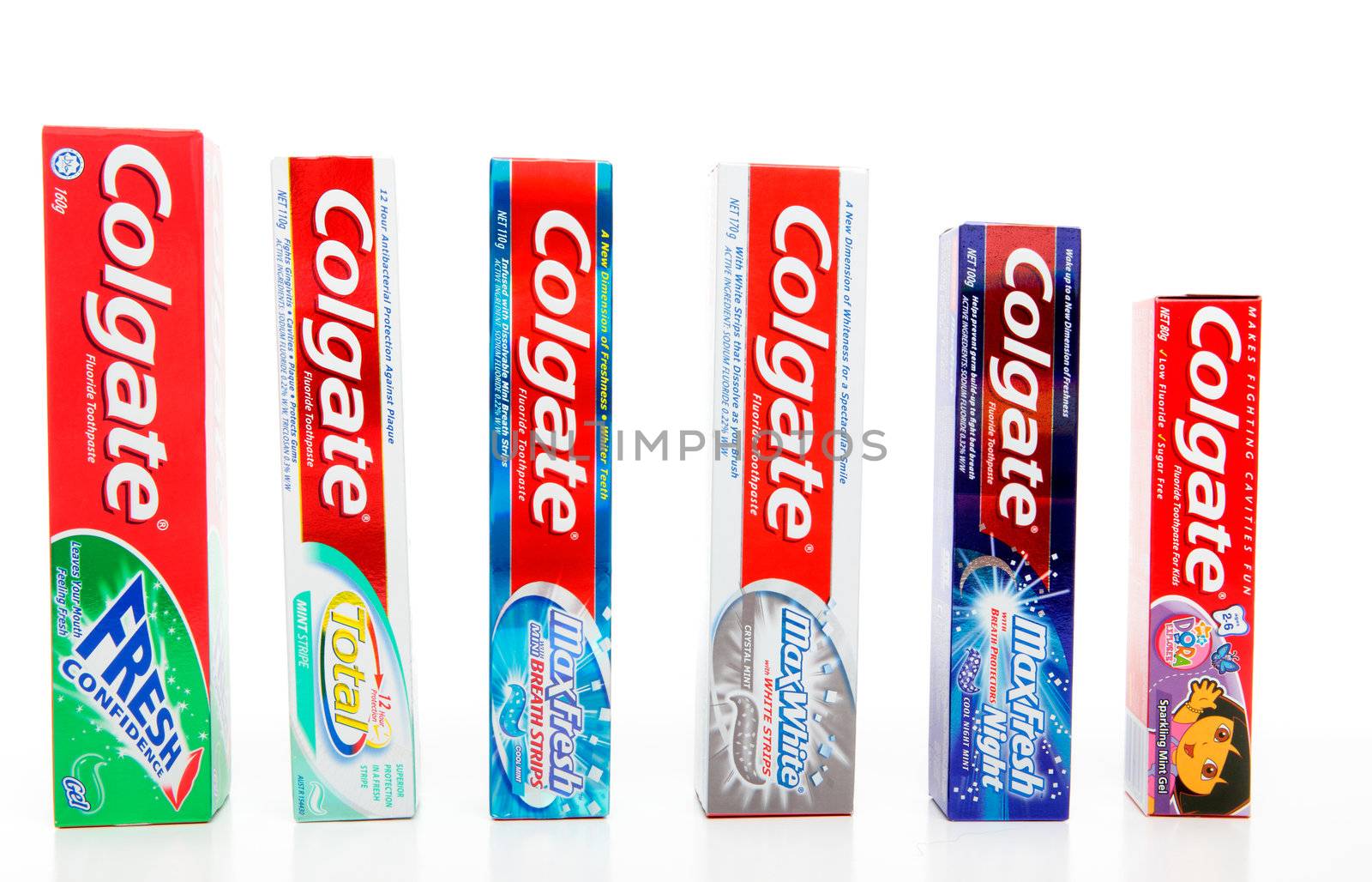 A variety of Colgate toothpastes.  Fresh Confidence, Total 12hr Protect, MaxFresh with breath strips, MaxFresh with whitening strips, MaxFresh Night, Colgate Junior for ages 2 to 6yrs.  White background.  For editorial use only.