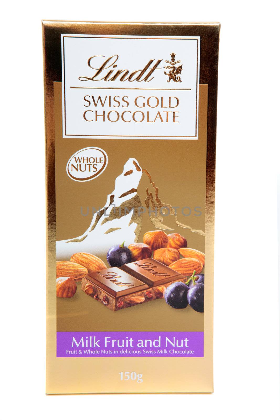 A block of Lindt Swiss Gold premium chocolate 100g with fruit and whole nuts.  White background.  EDITORIAL ONLY.