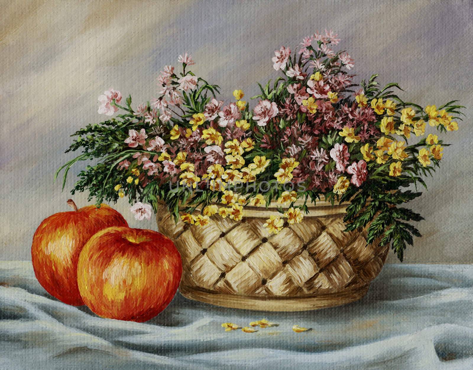 Basket with buttercups and apples by alexcoolok