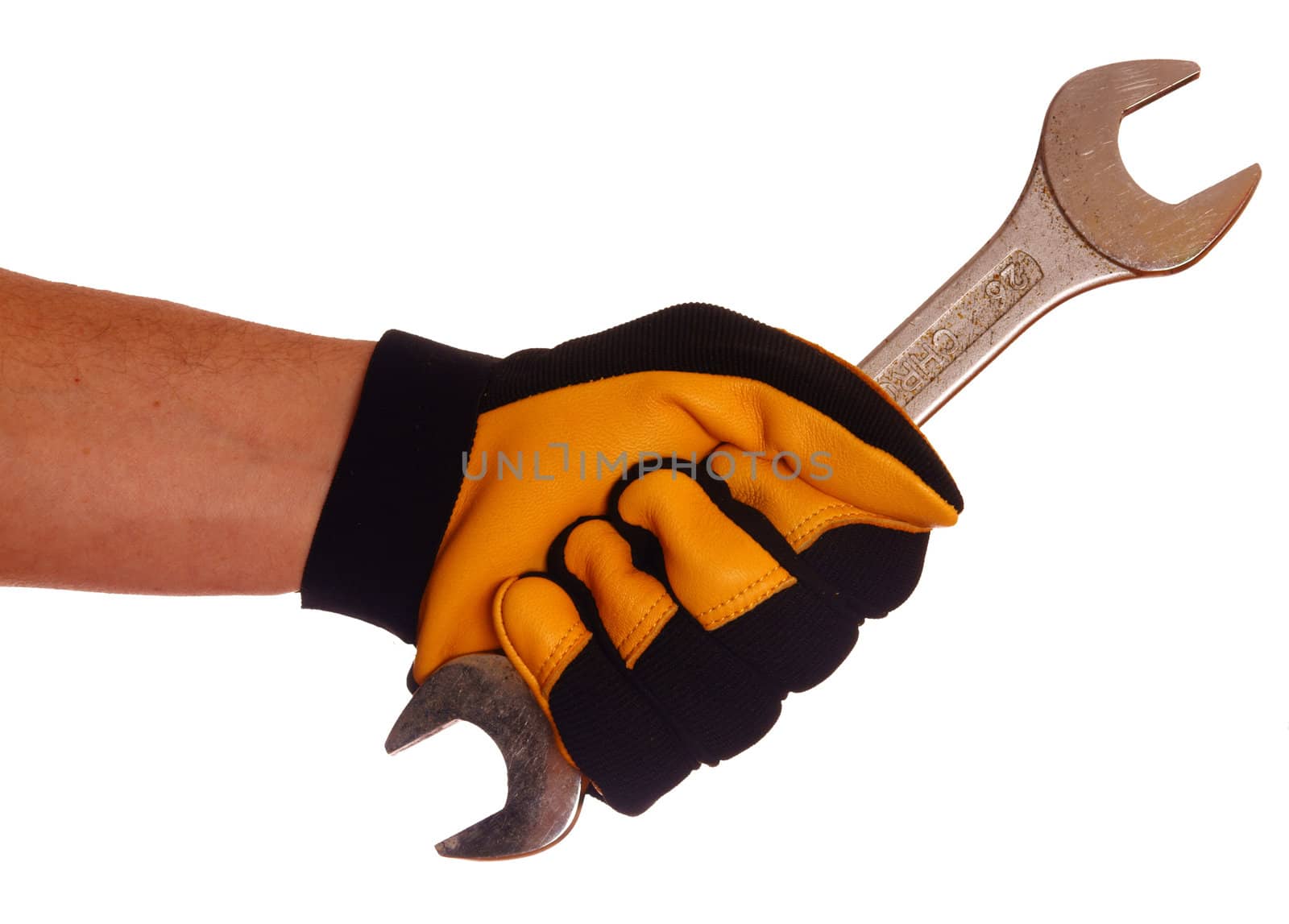 Hand with glove and wrench