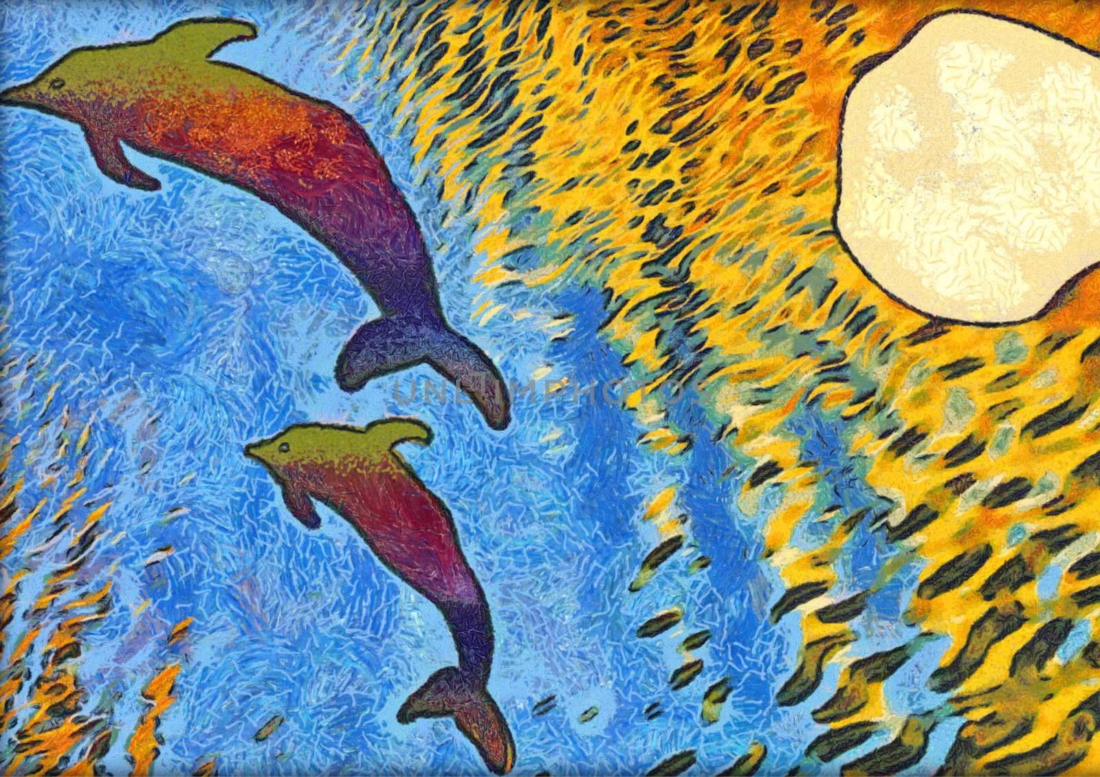 abstract art creative hand-drawn images of the family of dolphins playing